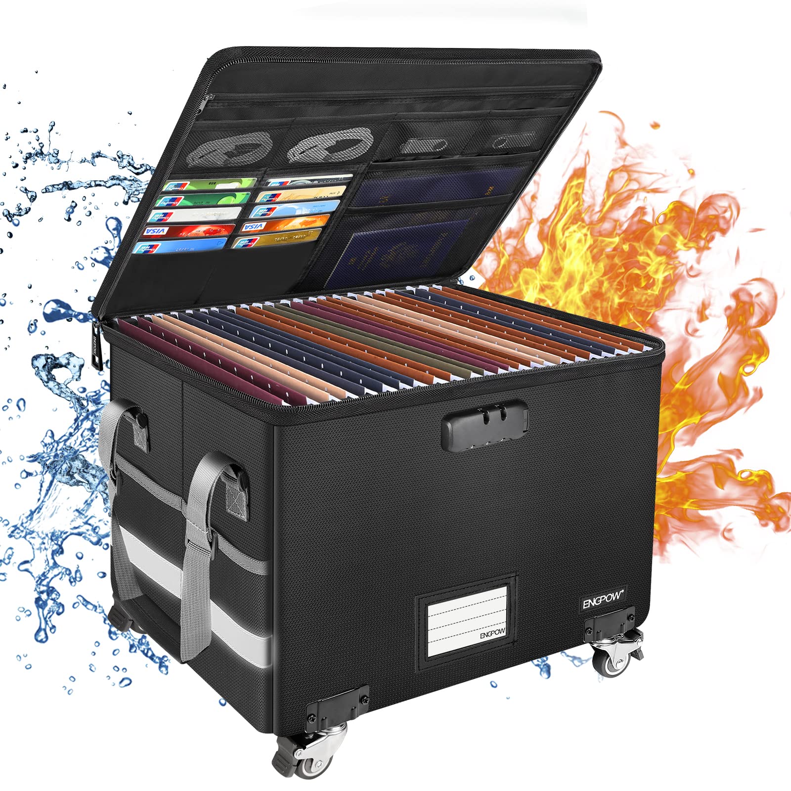 Engpow File Box With Wheels, Fireproof Document Box With Lock,Collapsible Rolling File Storage Organizer Box Filing Cabinet With