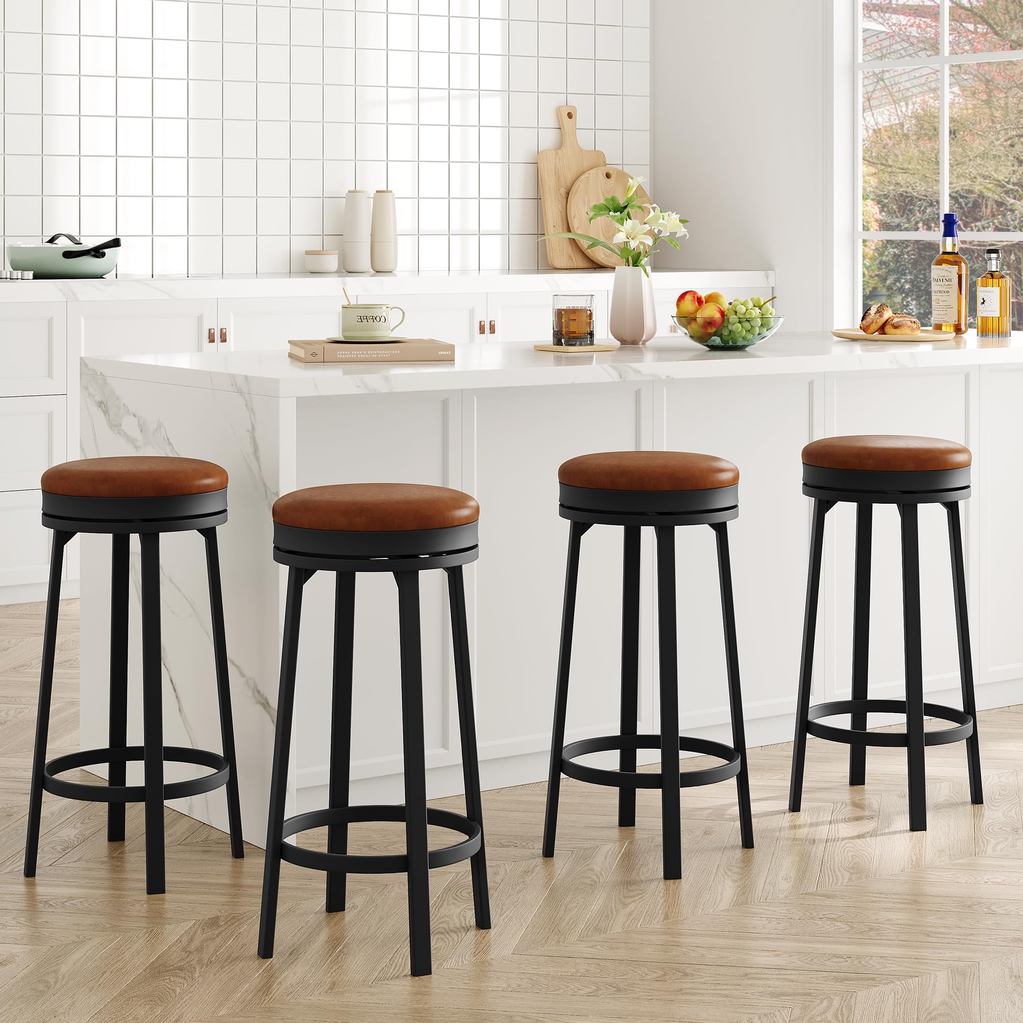 IDEALHOUSE 30 Swivel Bar Stools Set of 4 with Footrest, Modern Counter Height Barstools with PU Leather Upholstered and Metal 