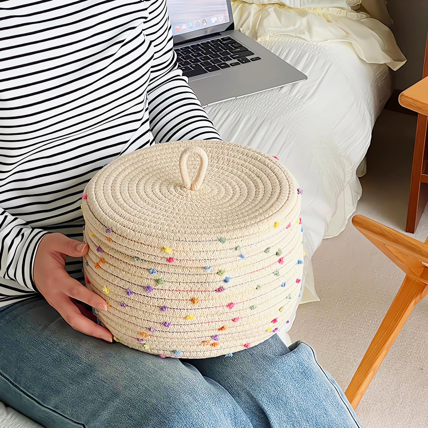 Esme L&H Small Rope Basket With Lid,10X6 Small Round Woven Storage Basket With Lid For Organizing, Small Decorative Toy Basket,C