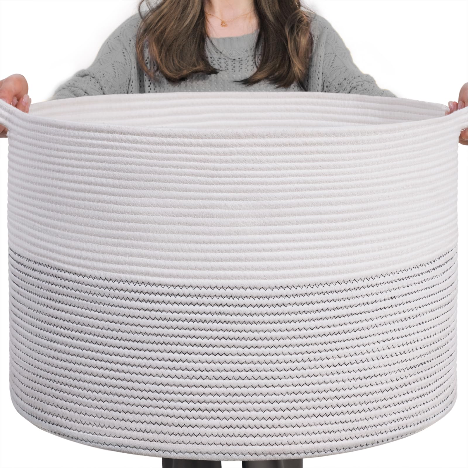 Indressme Xxxlarge Cotton Rope Basket 21.7' X 21.7' X 13.8' Woven Baby Laundry Basket For Blankets Toys Storage Baskets With Handle Comforter Cushions Storage Bins Thread Laundry Hamper-Black Stitch