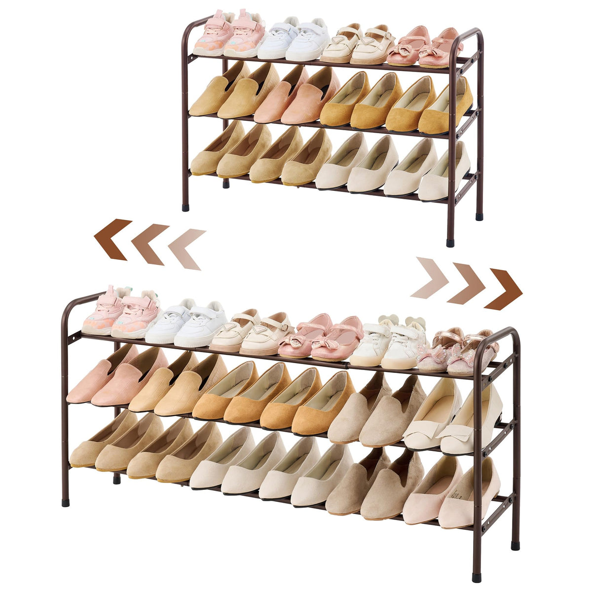 Gewudraw 3-Tier Shoe Rack Expandable, Width Adjustable Shoe Shelf Storage Organizer, 41.53'' Metal Standing Shoe Rack For Bedroom Entryway Closet, Holds Up To 18 Pairs Shoes, Brown