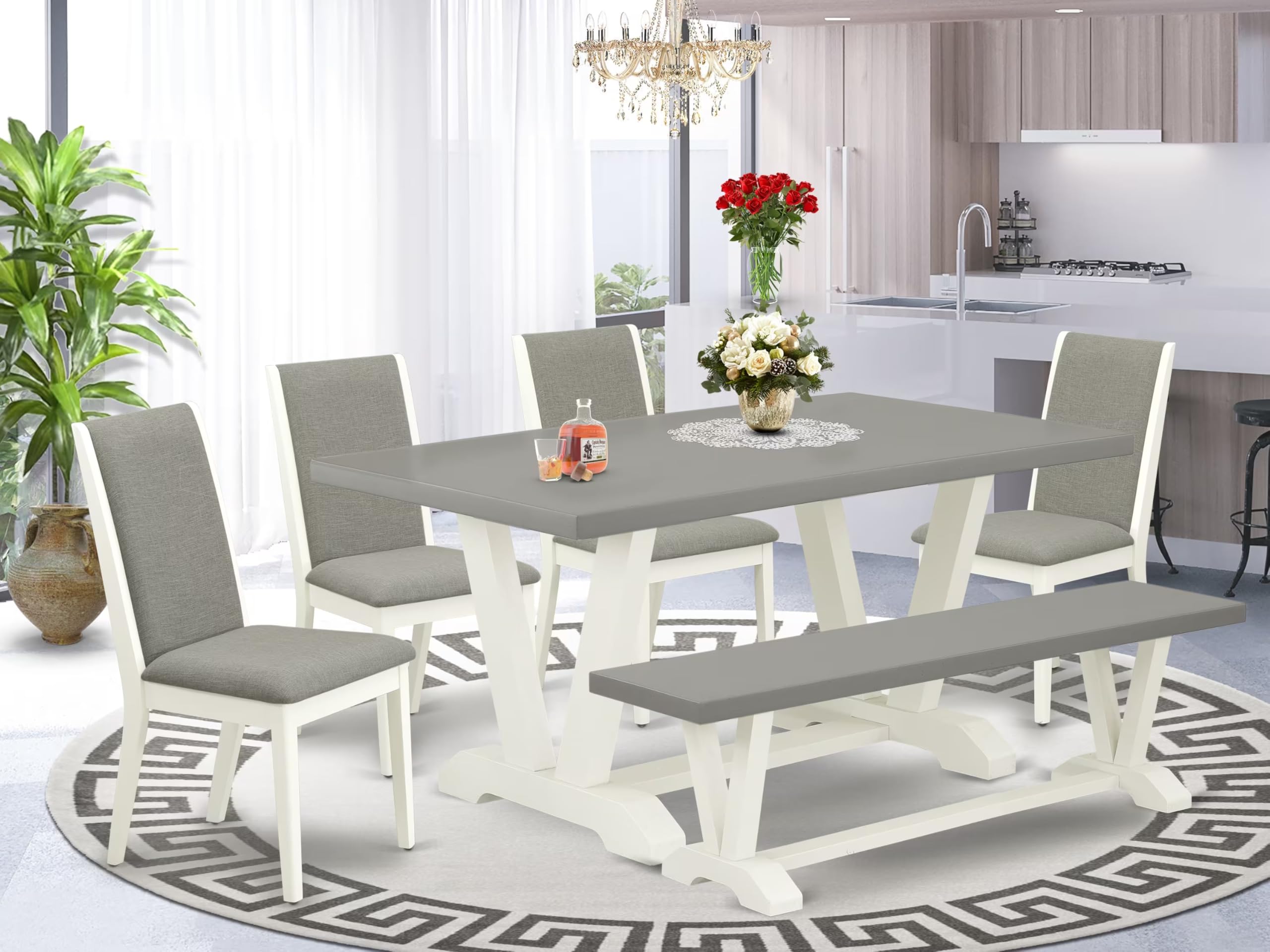 East West Furniture V096La206-6 6 Piece Dining Set Contains A Rectangle Dining Room Table With V-Legs And 4 Shitake Linen Fabric Upholstered Chairs With A Bench, 36X60 Inch, Multi-Color