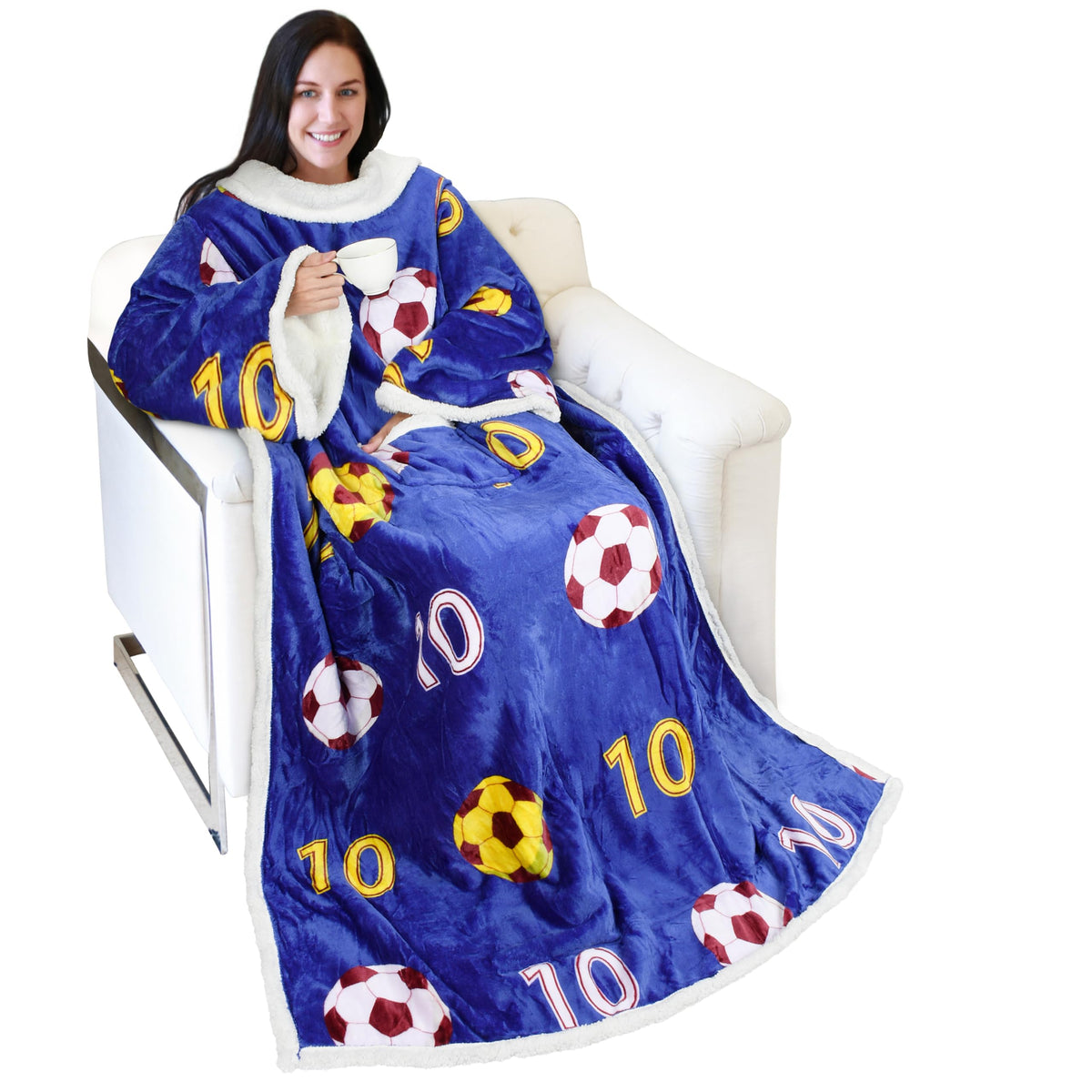 Catalonia Soccer Football Sherpa Wearable Blanket With Sleeves Arms, Comfy Sleeved Tv Wrap Robe, Large Snuggly Throw Blanket, Gi