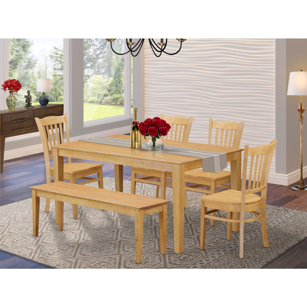 East West Furniture CAGR6-OAK-W 6 Piece Dining Room Table Set Contains a Rectangle Kitchen Table and 4 Dining Chairs with a Bench, 36x60 Inch, Oak