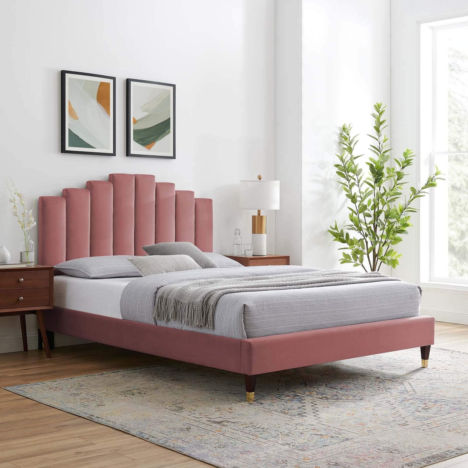 Modway Elise Channel Tufted Performance Velvet King Platform Bed In Dusty Rose With Gold Legs