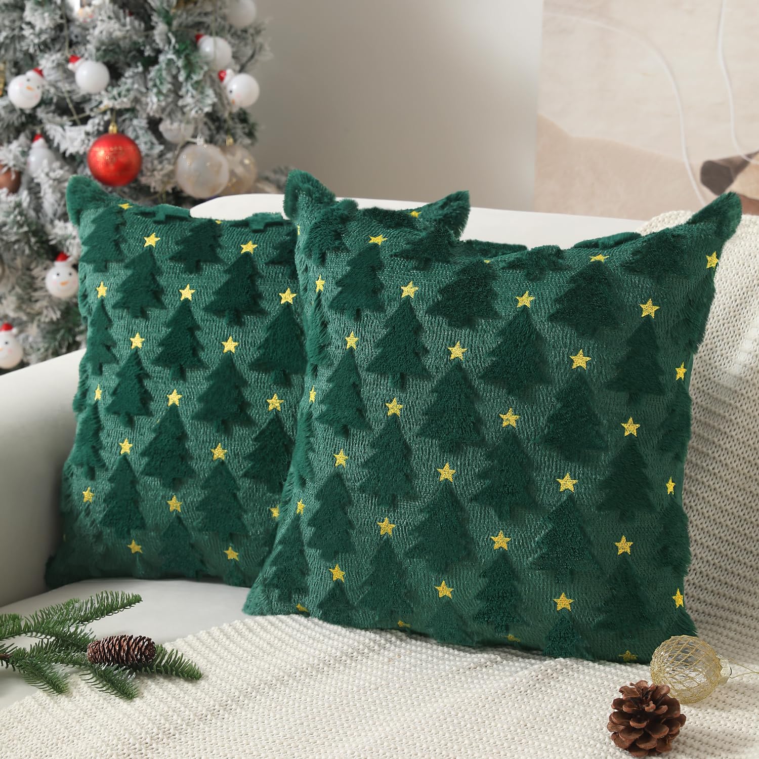 Allorry Christmas Pillow Covers 16 X 16 Inch Set Of 2 Dark Green Christmas Tree Pillow Covers Decorations Plush Faux Fur Soft Cu
