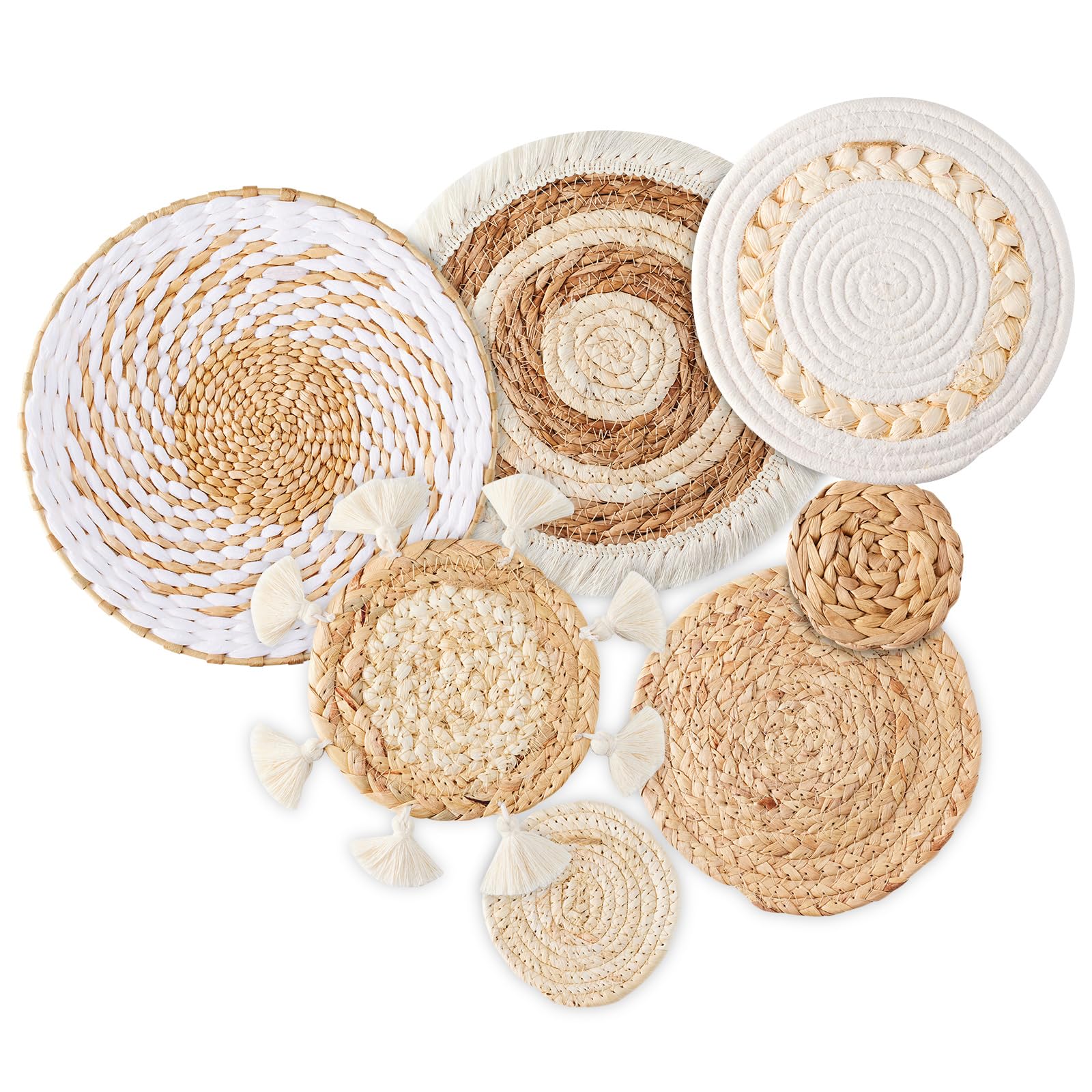 7 Pack Boho Wall Basket Decor - Seagrass Rattan Wicker Wall Decor Round Handmade Hanging Rustic Flat Elegant Wall Art for Farmho