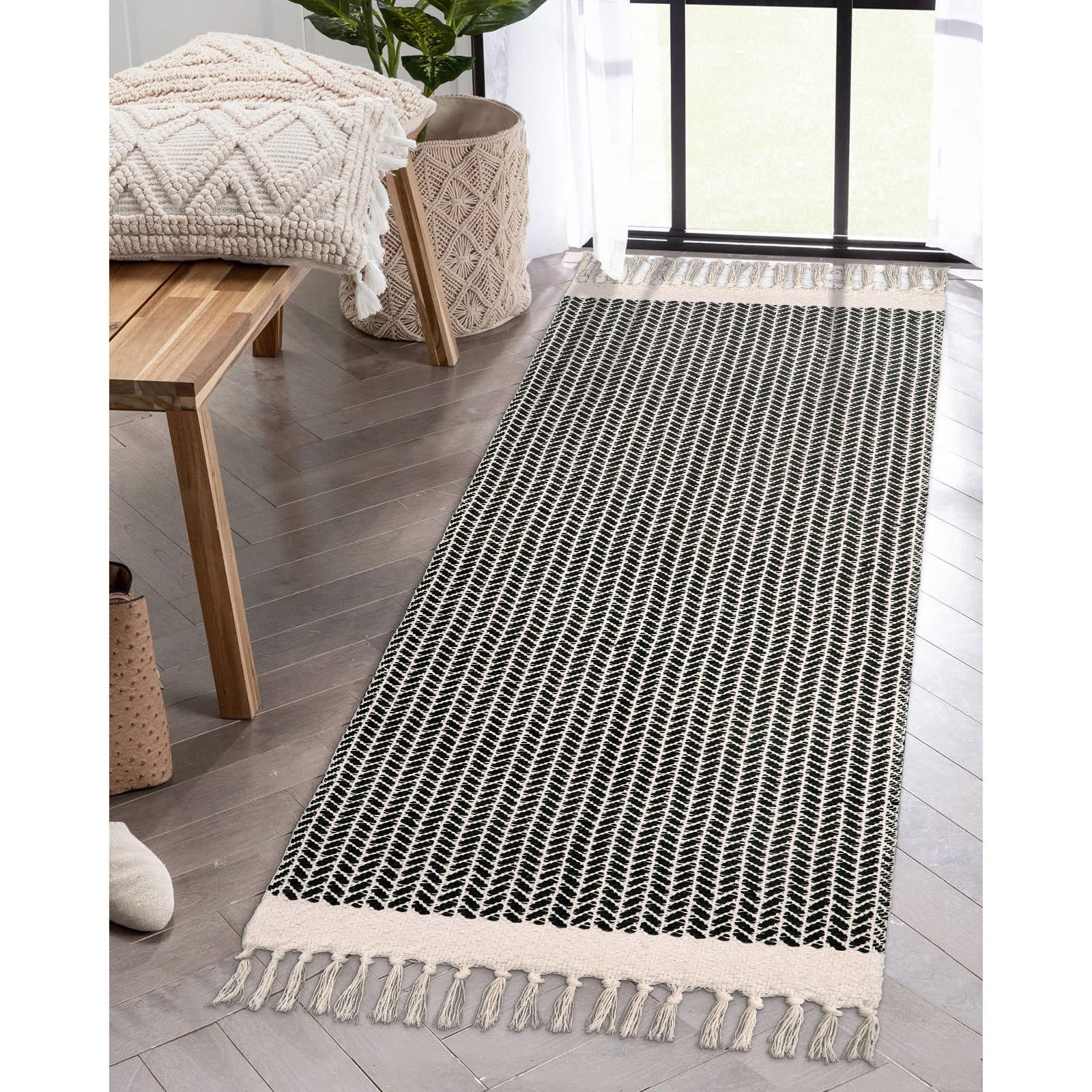 Lahome Boho Rugs for Entryway, 2x5 Laundry Room Rug Lightweigh Cotton Washable Runner Rug with Tassels, Farmhouse Black Bath Doo