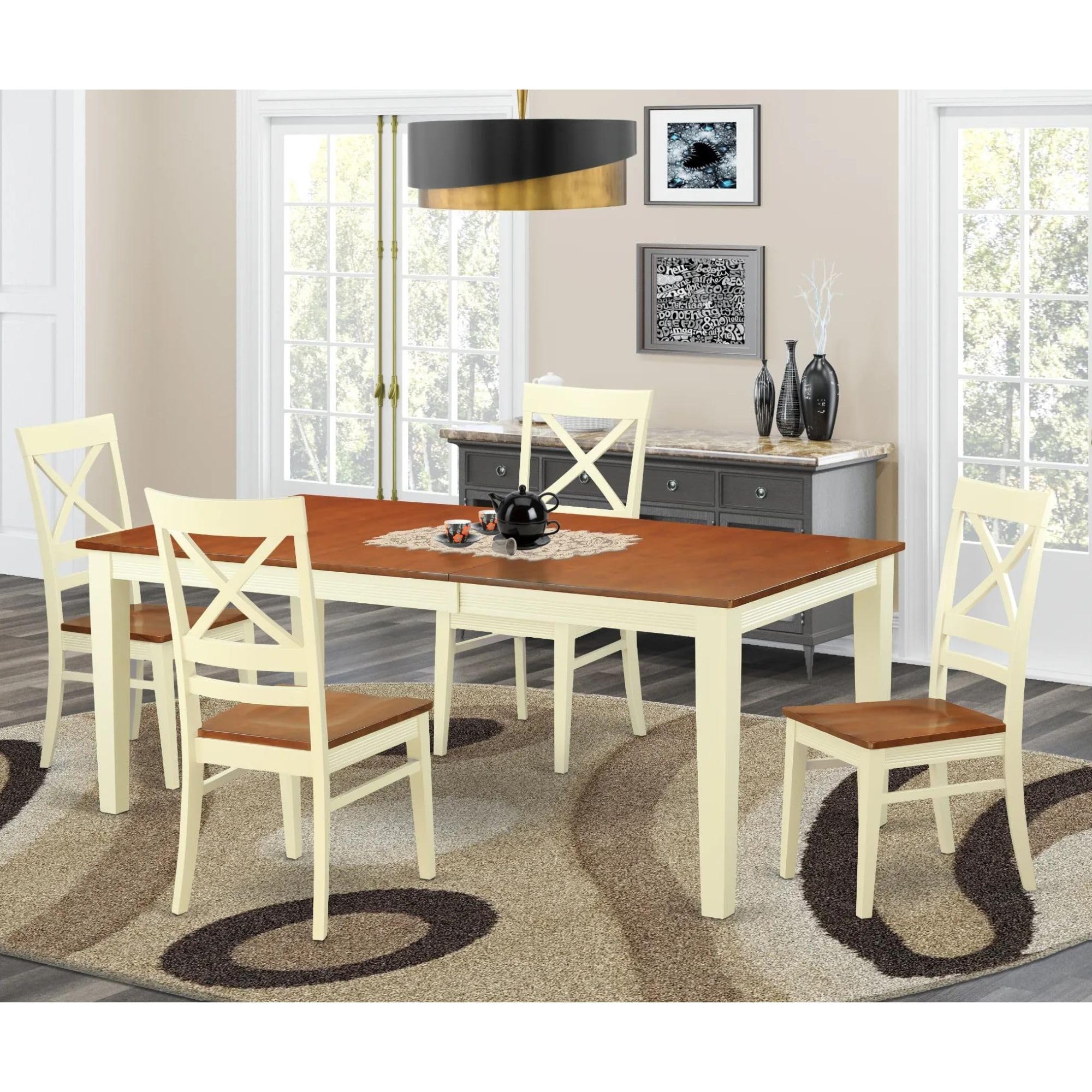 East West Furniture QUIN5-WHI-W 5 Piece Dining Room Table Set Includes a Rectangle Kitchen Table with Butterfly Leaf and 4 Dining Chairs, 40x78 Inch, Buttermilk & Cherry