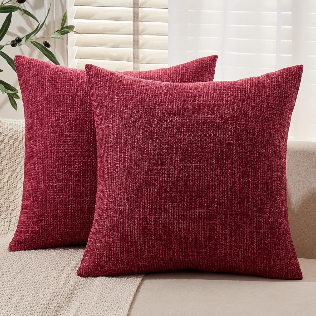 MIULEE Burlap Linen Throw Pillow Covers 18x18 Inch Christmas Burgundy Red Decorative Pillow Covers Modern Farmhouse Pillowcases 