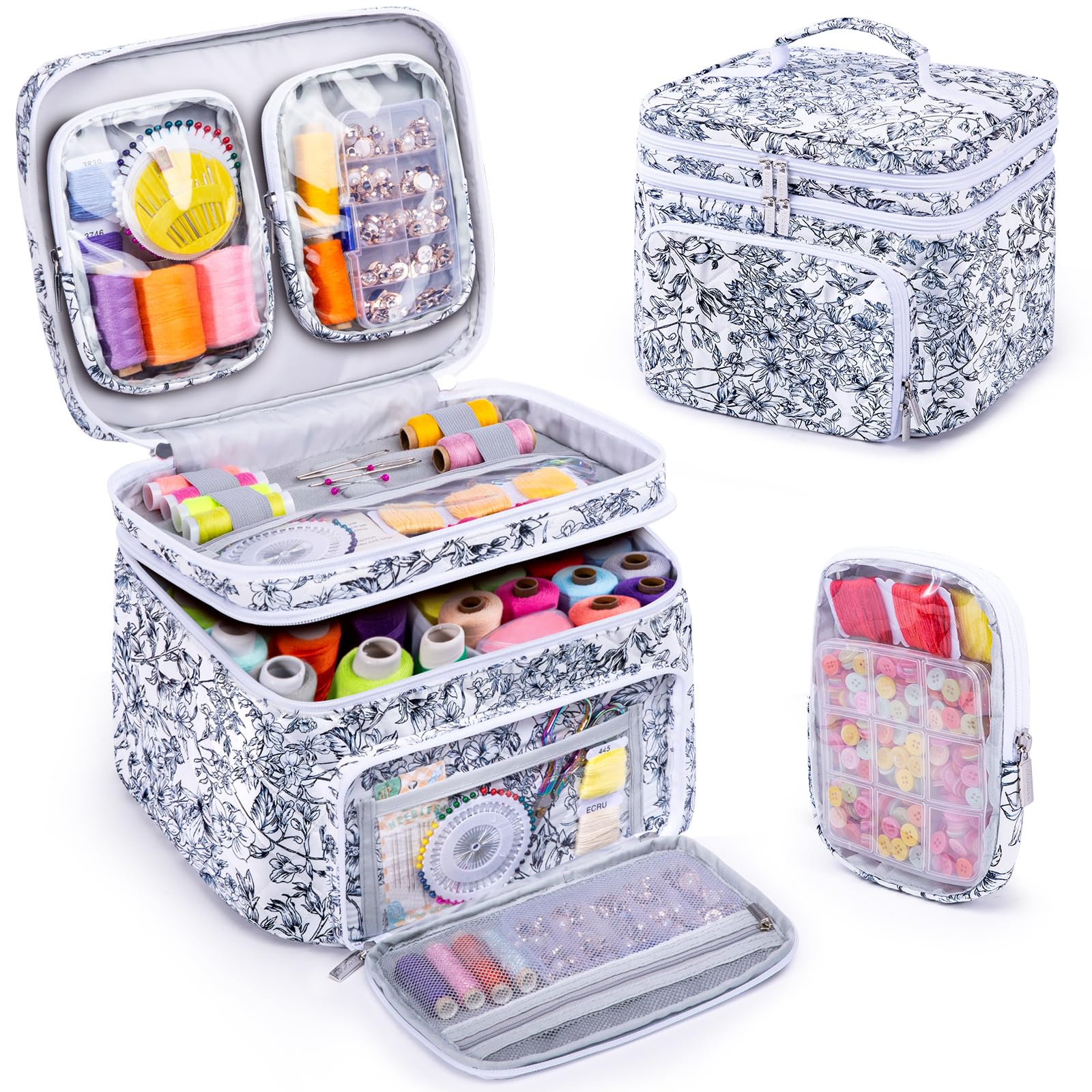 AMOIGEE Double-Layer Sewing Organizer Storage Bag with 2 Detachable Pouches, Large Quilted Sewing Basket for Supplies & Tools, P