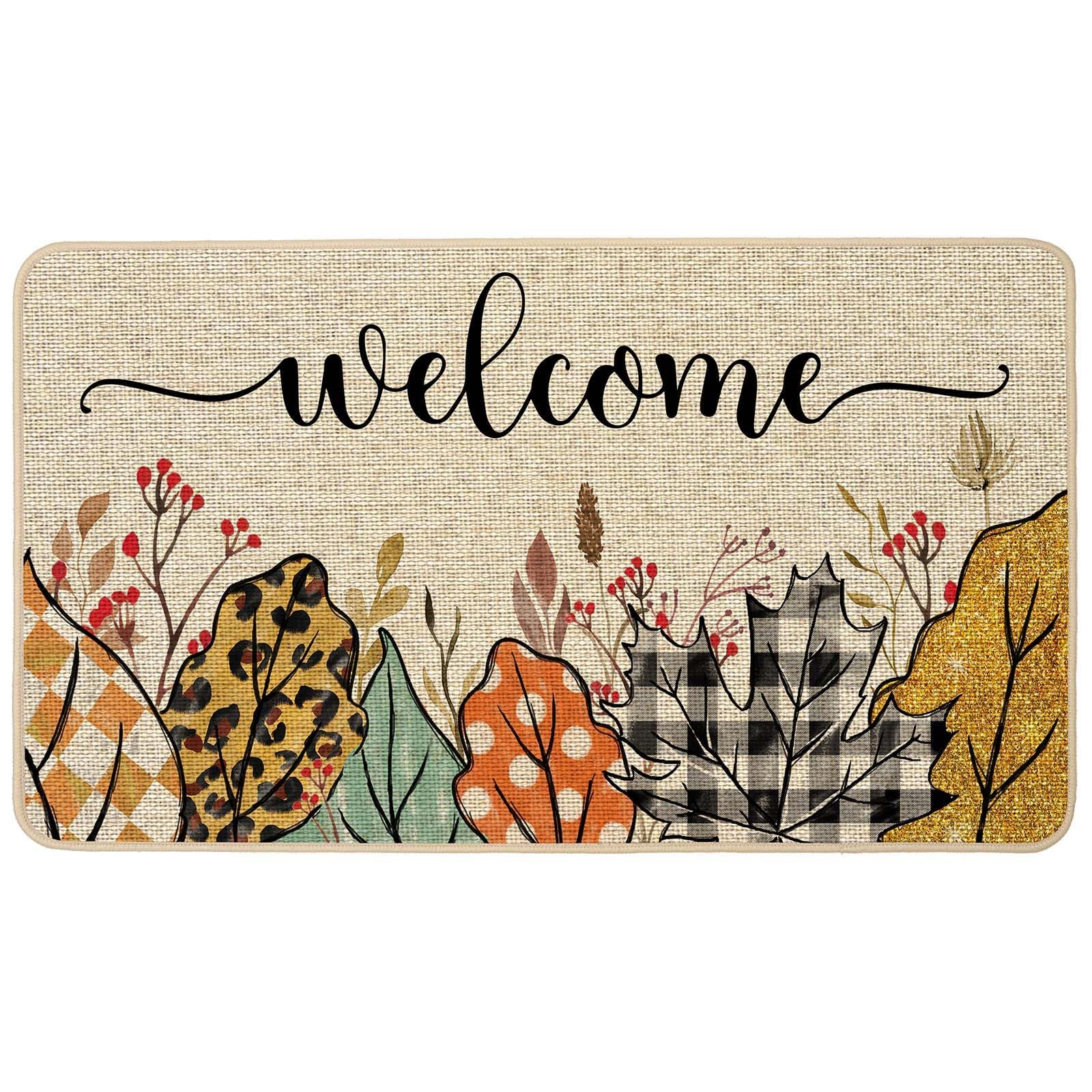 Whomeaf Fall Welcome Maple Leaves Doormat Farmhouse Colorful Buffalo Check Plaid Polka Dots Door Mats Entrance Low Profile Non S