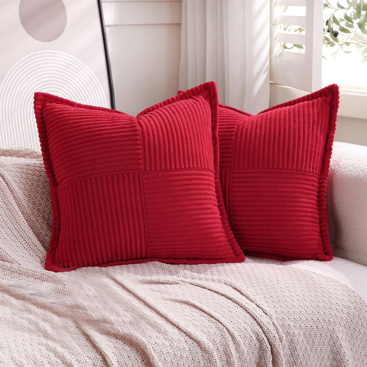 Puncuntex Corduroy Throw Pillow Covers Set Of 2 Boho Decorative Red 12?20 Inch,Super Soft Pillowcase Cozy Striped Texture Cushio