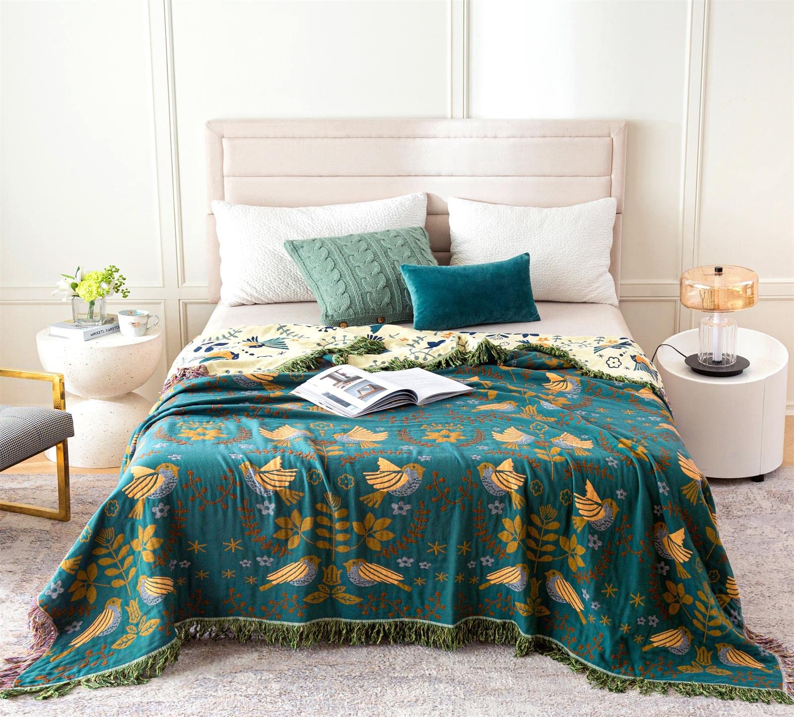Msgkv Boho Throw Blanket 100% Cotton Blankets For Bed Couch 60'X80', Soft Fall Mexican Blanket Travel Boho Quilt Muslin Blanket