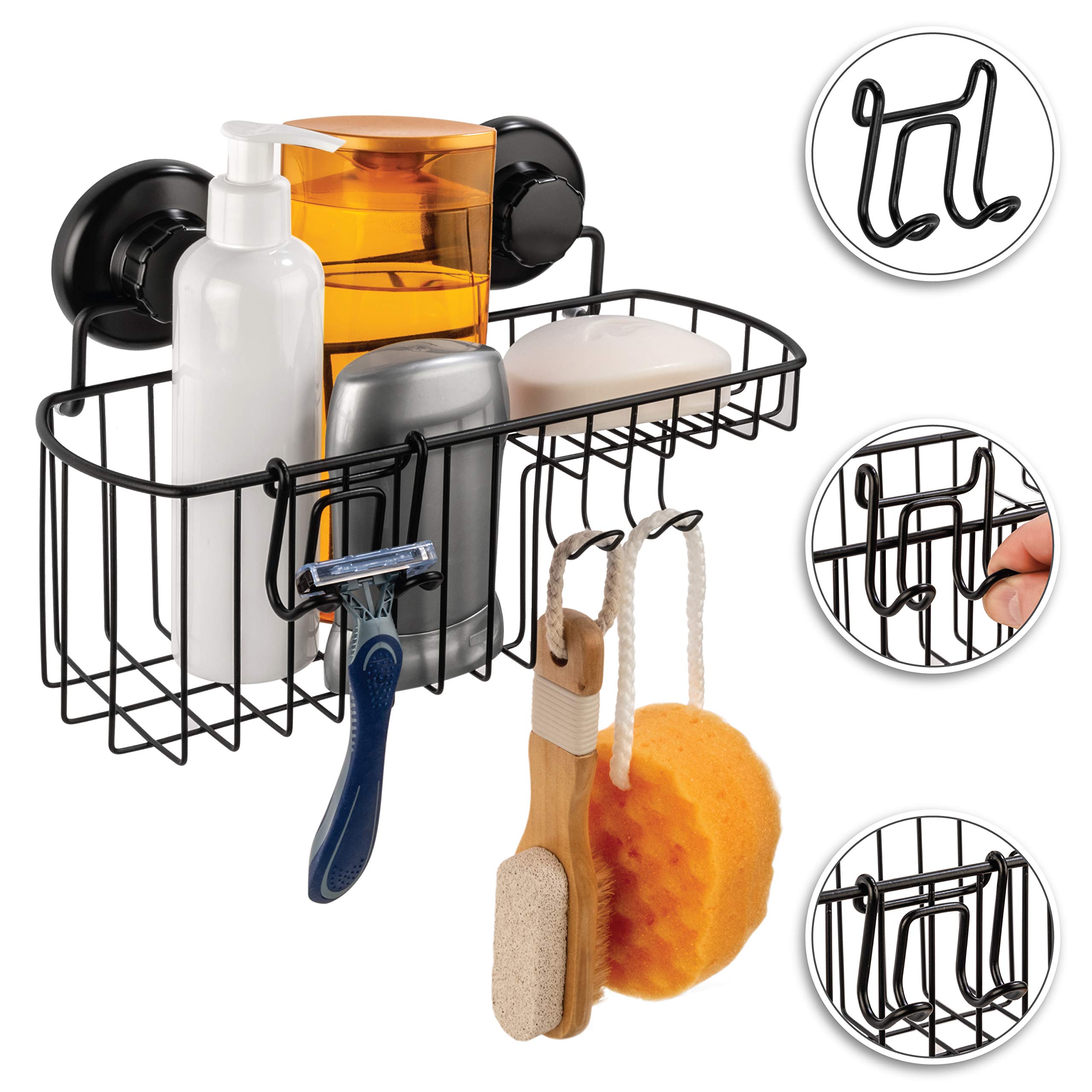Hasko Accessories Shower Caddy Suction Cup - Wall Mounted Bathroom Shelf With Hooks - Suction Shower Basket - Shower Shelf For B