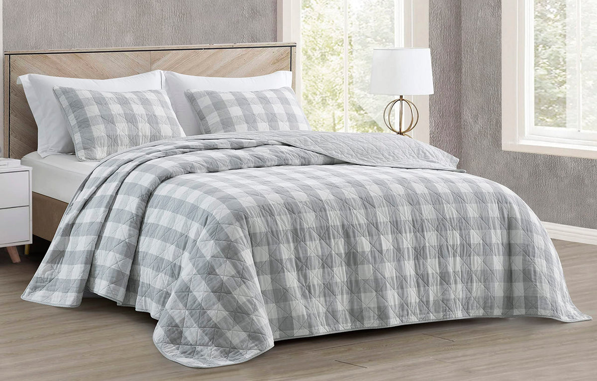 Chezmoi Collection 3-Piece Gray White Plaid Cotton Quilt Set - Buffalo Check Solid Reversible Bedspread - Pre-Washed Cotton Ligh