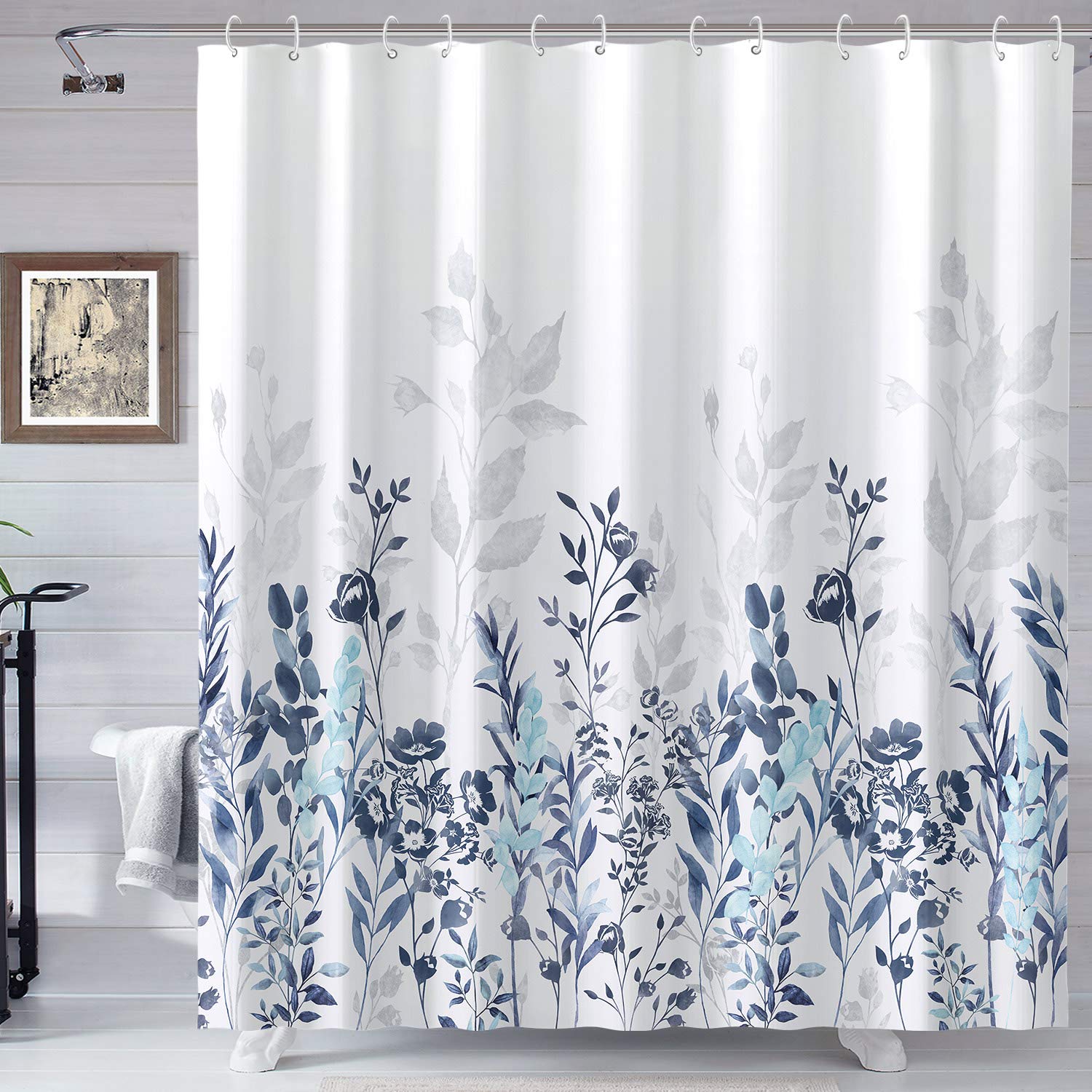 Neasow Blue And Grey Shower Curtain, Watercolor Floral Bathroom Curtain Teal And White 72  72 Inches