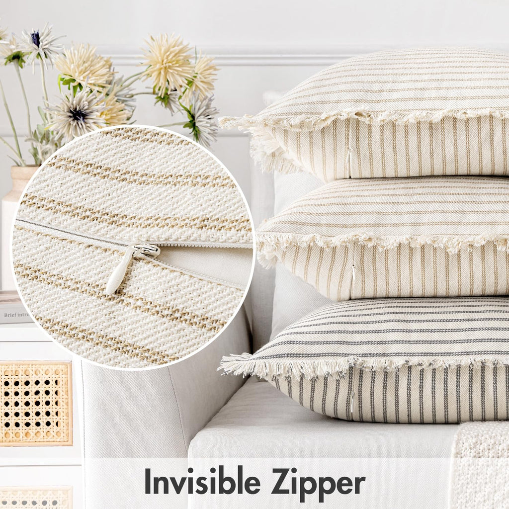 Miulee Pack Of 2 Khaki Pillow Covers 22X22 Inch Striped Farmhouse Couch Throw Pillow Covers With Fringe Chic Linen Decorative Cushion Covers For Sofa Living Room Bed Home Decor