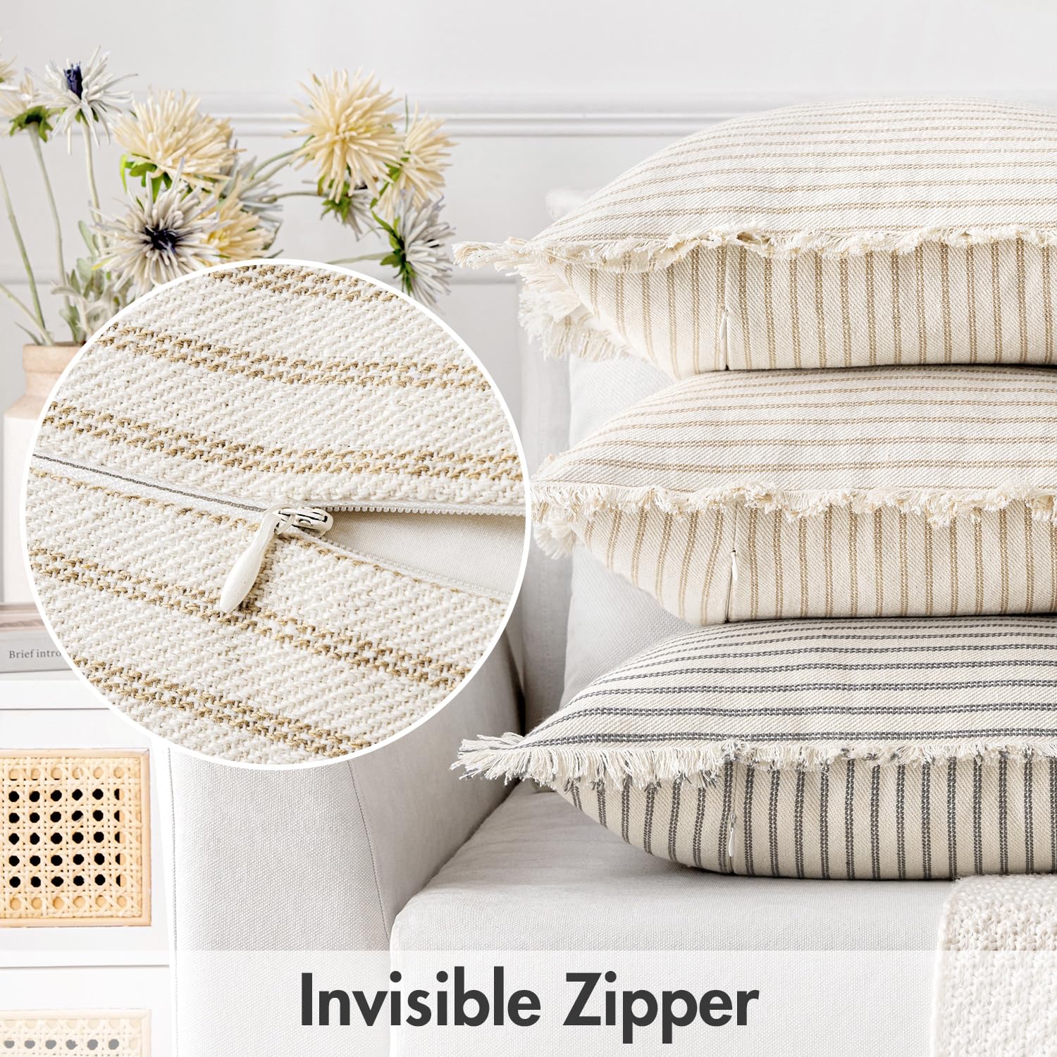 Miulee Pack Of 2 Khaki Pillow Covers 22X22 Inch Striped Farmhouse Couch Throw Pillow Covers With Fringe Chic Linen Decorative Cushion Covers For Sofa Living Room Bed Home Decor