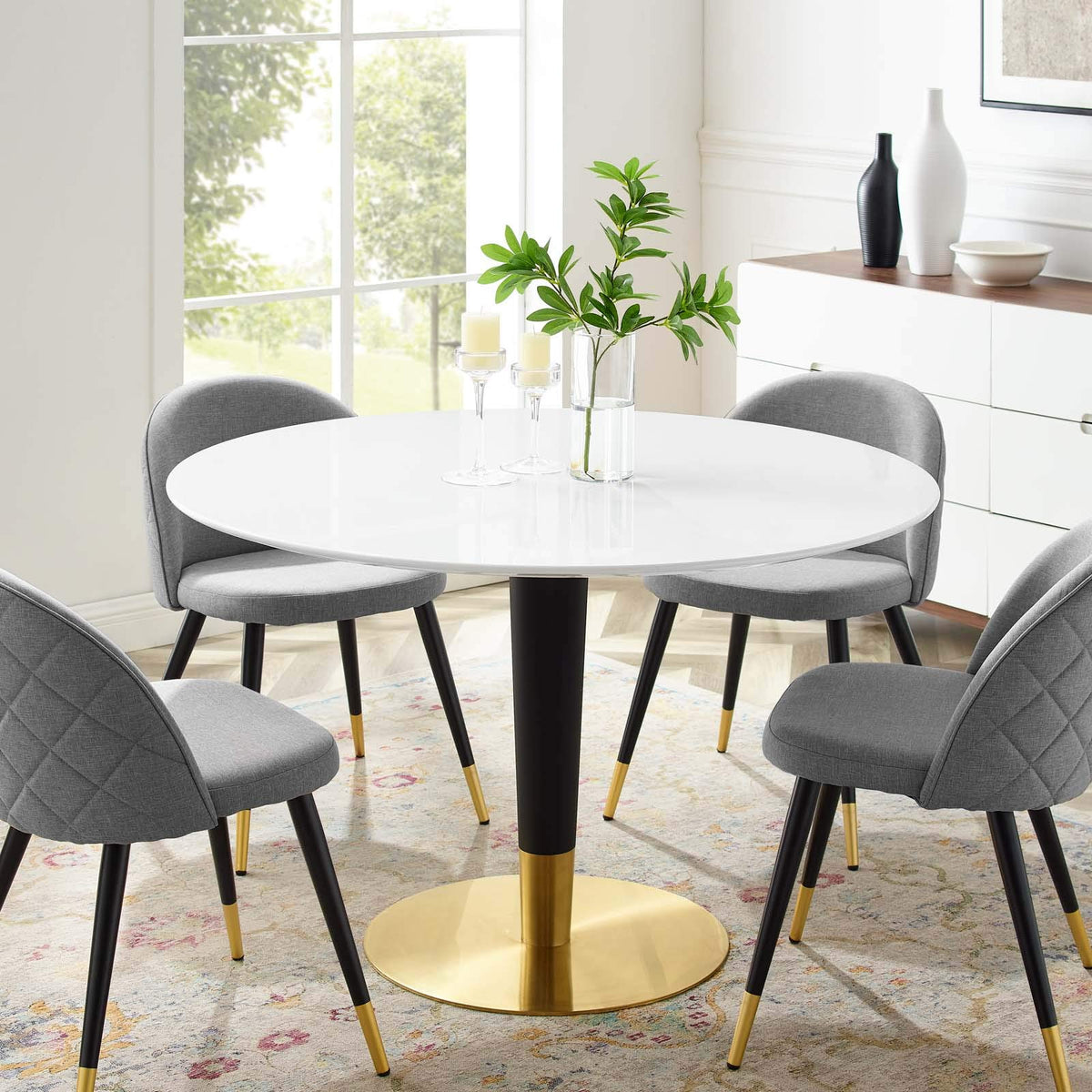 Modway Zinque Round Modern 47&quot; Dining Table in Gold White, 47 Inch