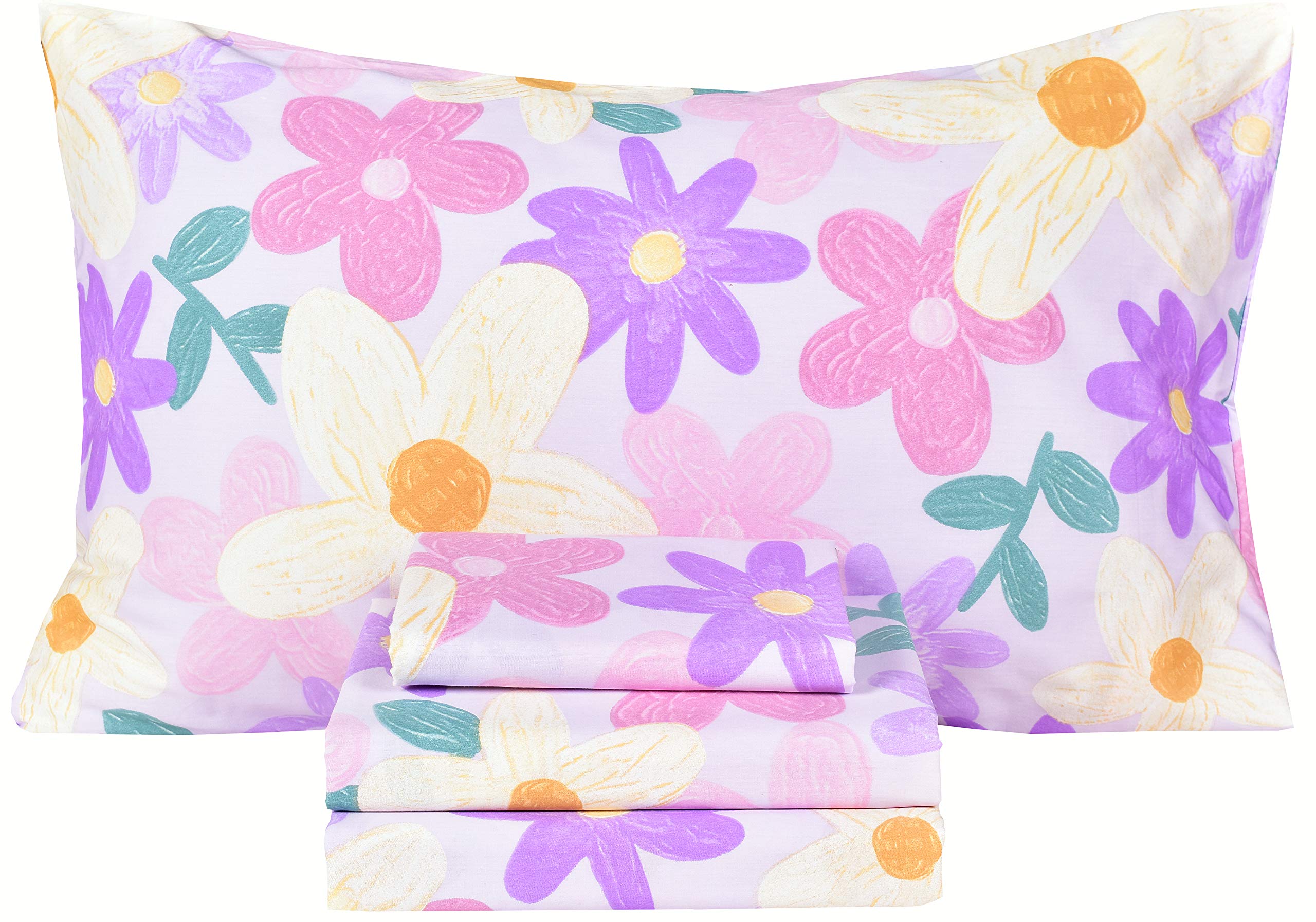 Scientific Sleep Purple Flower Painting Girls 100% Cotton 4 Pcs Full Bed Sheet Set Kids Toddler Teen, Flat Sheet & Fitted Sheet 