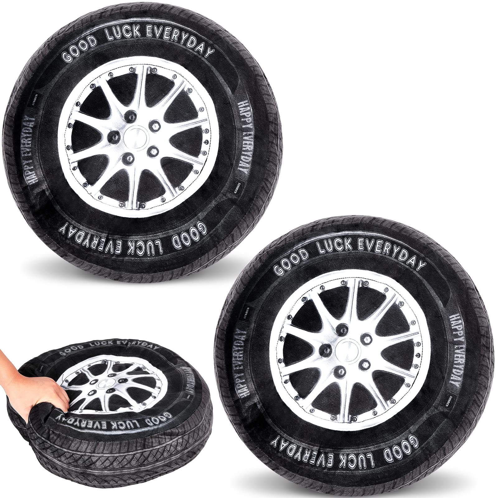 Meooeck 2 Pcs 15.7 Inch 3D Simulation Wheel Plush Pillow Car Tire Big Soft Chunky Tire Pillow Wheel Sofa Seat Toy For Boys Funny