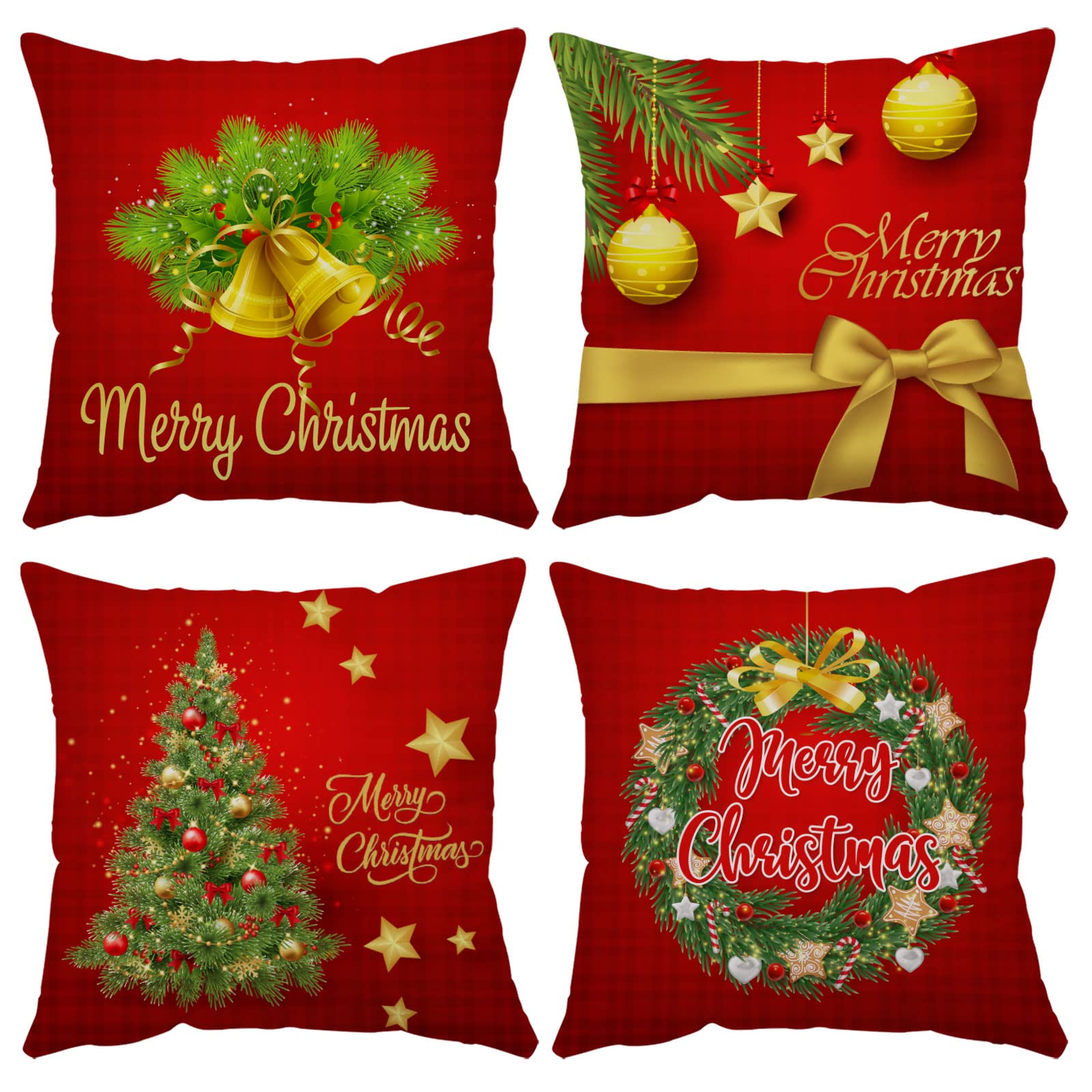 Merry Christmas Pillow Covers 16X16 Set Of 4 Velvet Christmas Pillow Cases Red Green Xmas Winter Holiday Throw Pillow Covers Chr