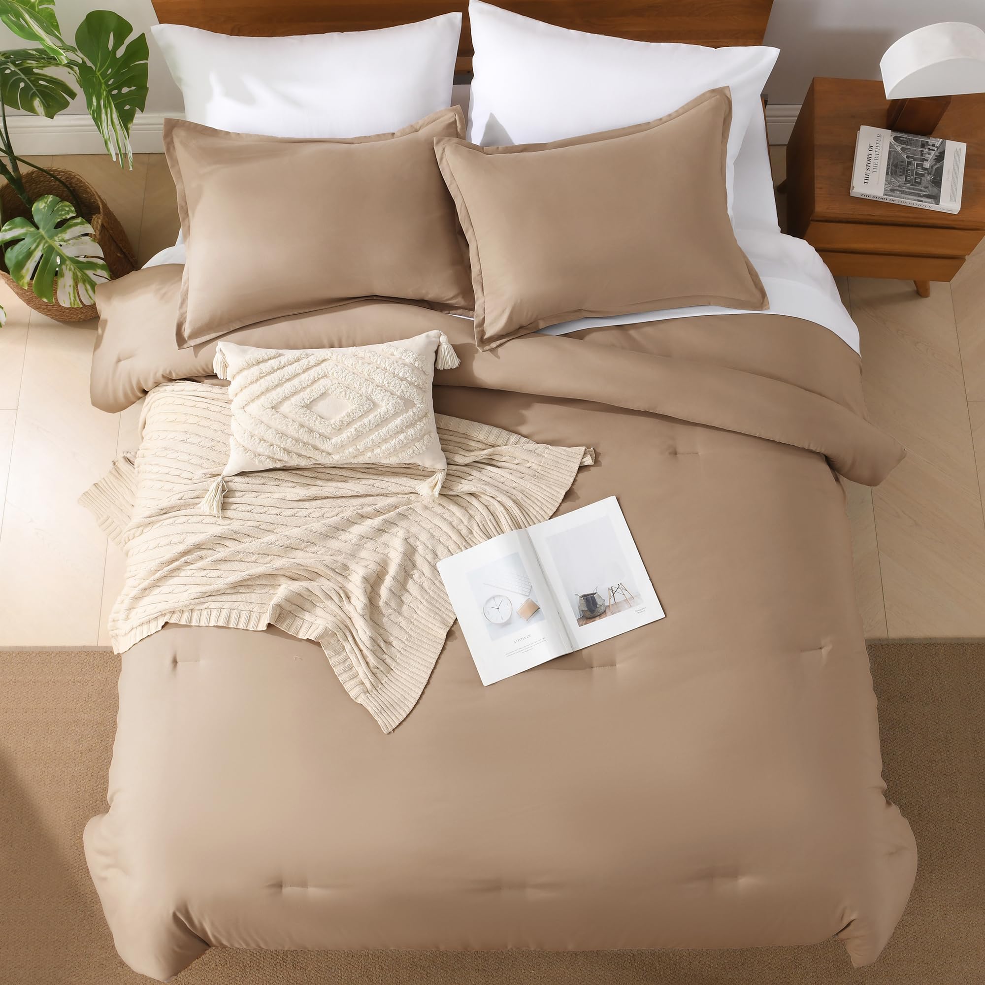 Andency Taupe Queen Comforter Set - 7 Pieces Khaki Tan Bed In A Bag Queen Bedding Comforter Sets, Summer Solid Soft Lightweight Comforter With Fitted Sheets, Flat Sheets, Pillowcases & Shams