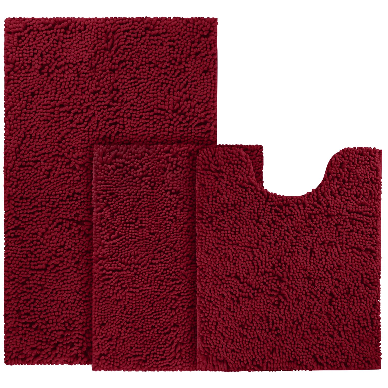 BYSURE Burgundy Bathroom Rugs Sets 3 Piece Non Slip Extra Absorbent Plush Chenille Soft Washable Bath Rugs and Mats Set
