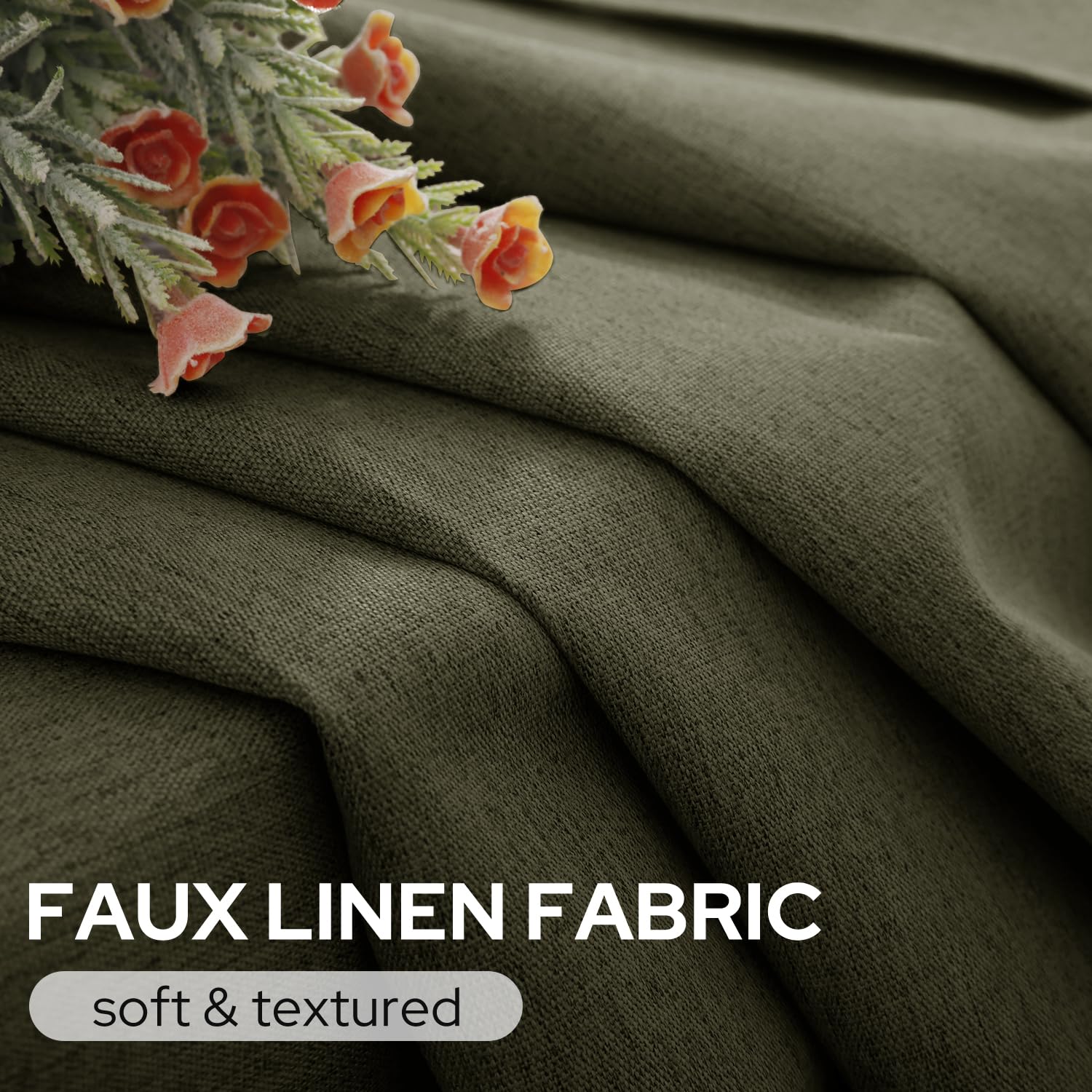 Homeideas Olive Green 100% Blackout Curtains, 2 Panels 52 X 96 Inches Faux Linen Curtains Room Darkening Curtains Thermal Insula