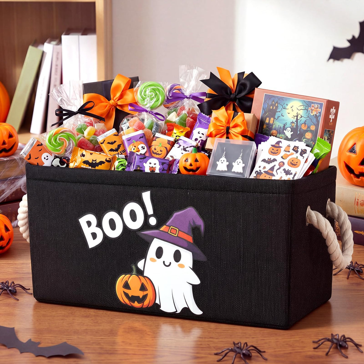 Gandeer Halloween Boo Storage Basket with Handles Halloween Candy Organizer
