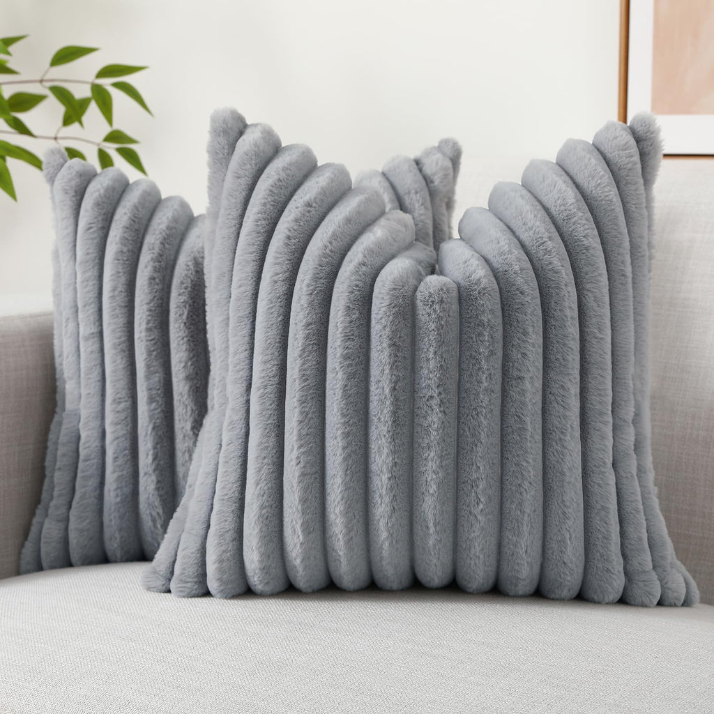 Decoruhome Faux Fur Throw Pillow Covers 18X18 Set Of 2, Decorative Soft Plush Striped Couch Pillow Covers With Velvet Back For Sofa, Bed, Living Room, Grey