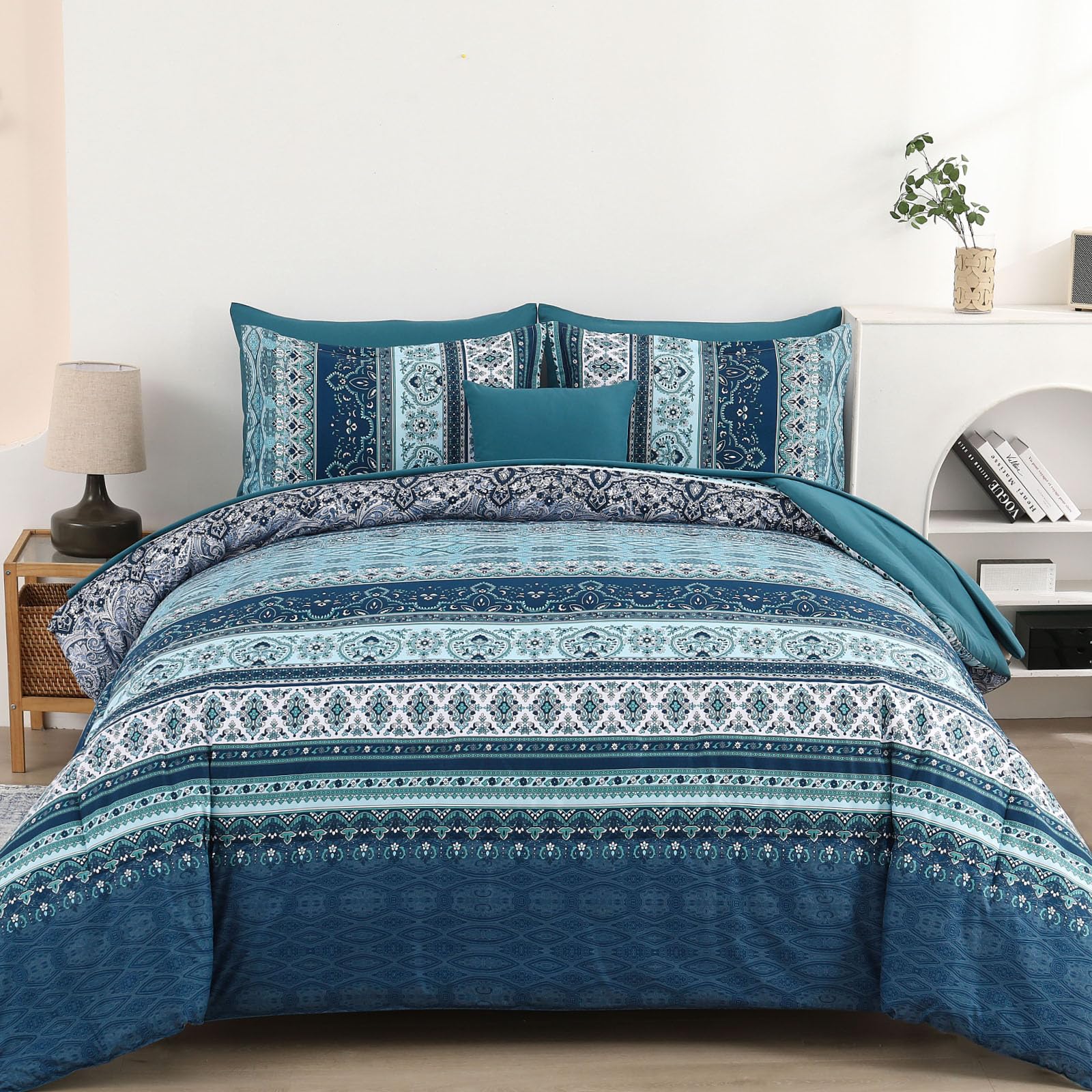 Boho Full Size Comforter Set 8 Pieces, Teal Blue Comforter Bohemian Striped Bed In A Bag, Soft Microfiber Bedding Set For All Se