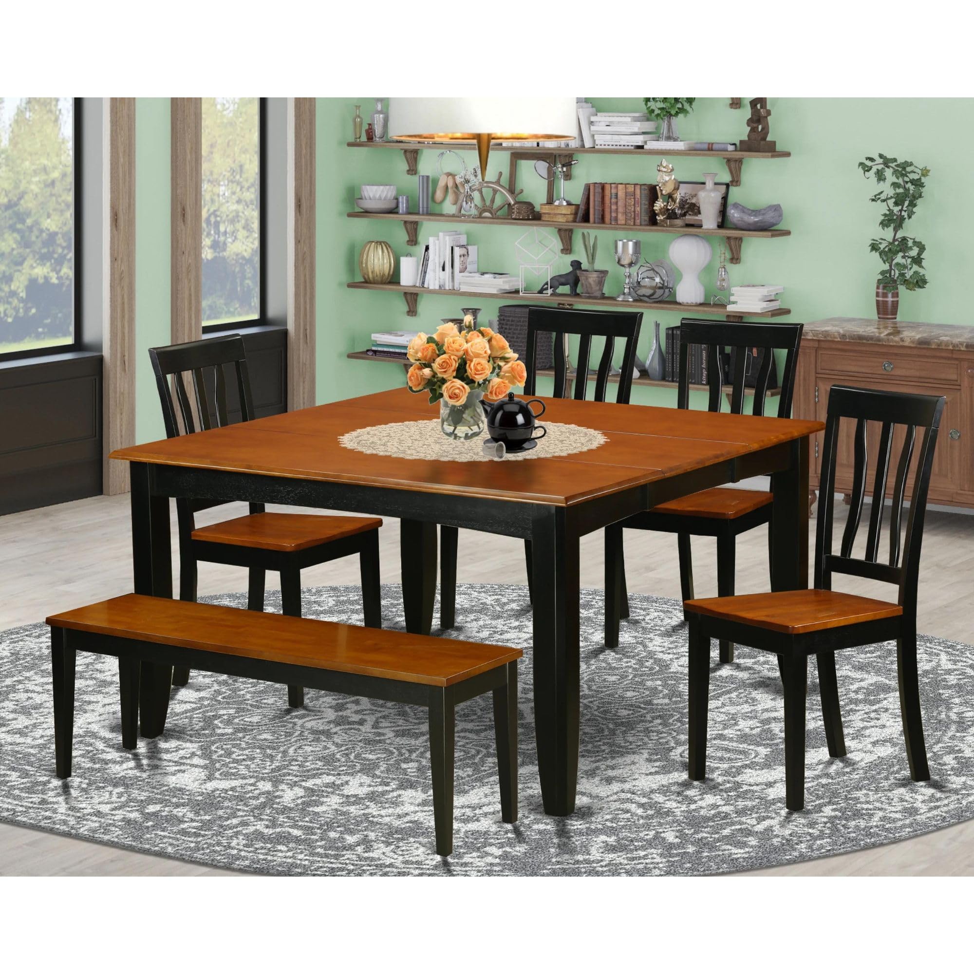 East West Furniture PFAN6-BCH-W 6 Piece Modern Dining Table Set Contains a Square Wooden Table with Butterfly Leaf and 4 Dining Room Chairs with a Bench, 54x54 Inch, Black & Cherry