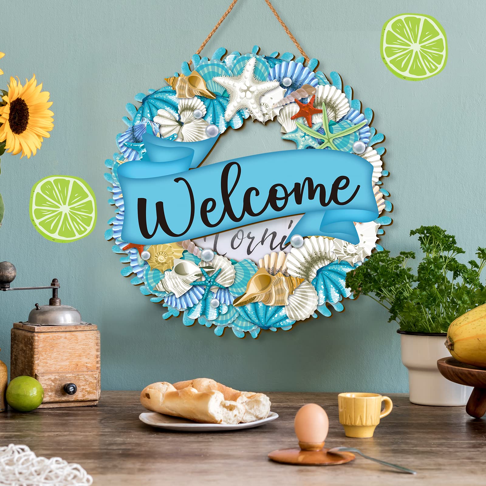 Hello Summer Wreath Sign Ocean Beach Wooden Hanging Wreath Decor Ornament Wood Farmhouse Beach Starfish Door Decor Beach Theme H