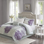 Madison Park Essentials Maible Cozy Bed In A Bag Comforter With Complete Cotton Sheet Set-Floral Medallion Damask Design All Season Cover, Decorative Pillow, King (104 In X 92 In), Purple/Gray