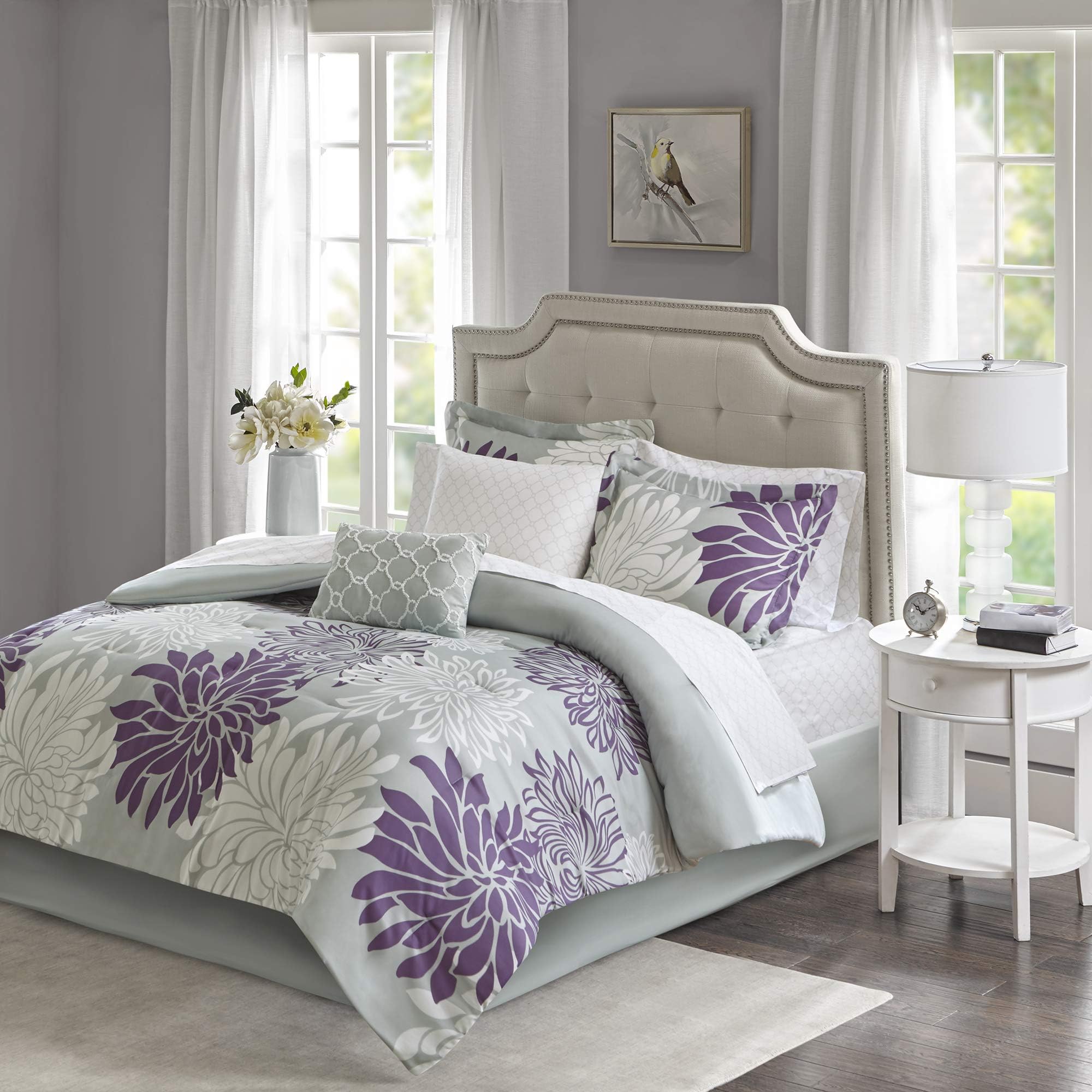 Madison Park Essentials Maible Cozy Bed In A Bag Comforter With Complete Cotton Sheet Set-Floral Medallion Damask Design All Season Cover, Decorative Pillow, King (104 In X 92 In), Purple/Gray