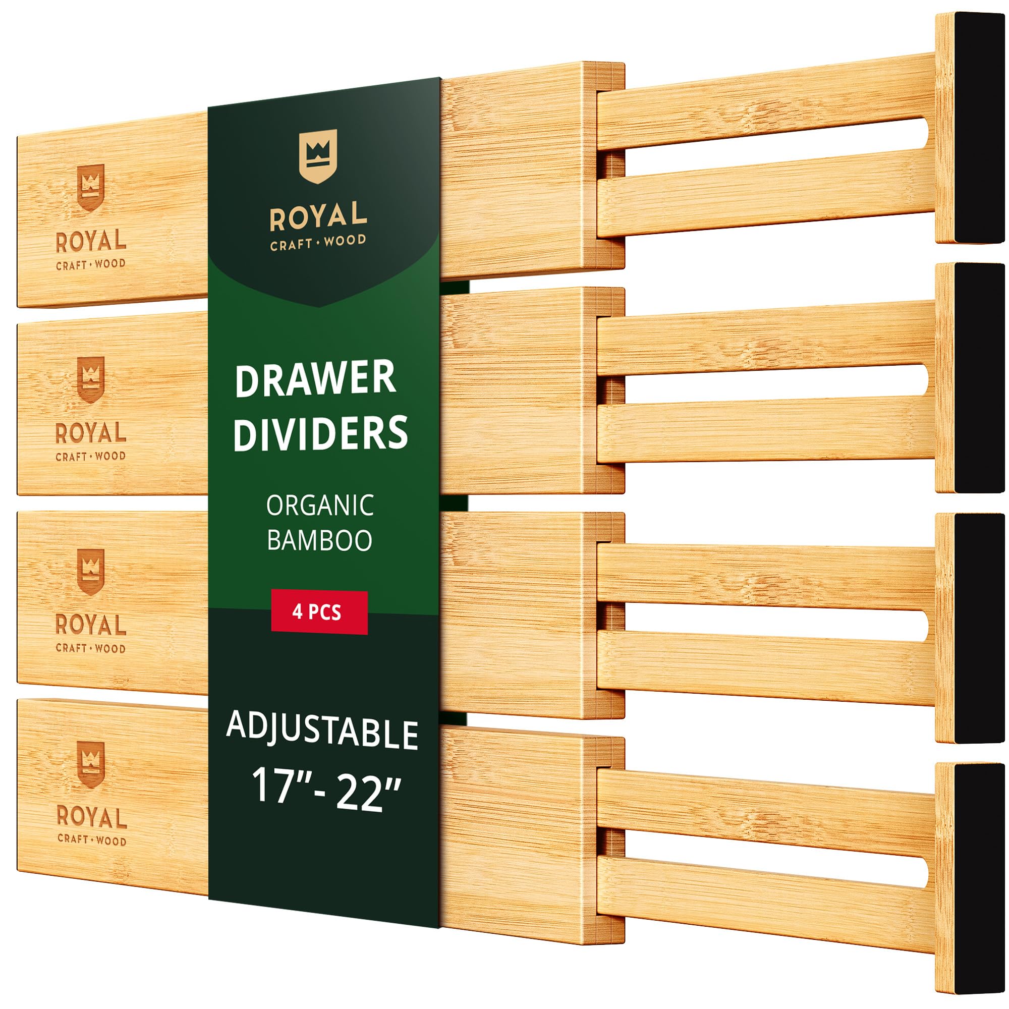 Drawer Divider and Organizer for Kitchen Organization - Adjustable Bamboo Drawer Dividers Organizers (17 - 22) - 4-Pack Expandab