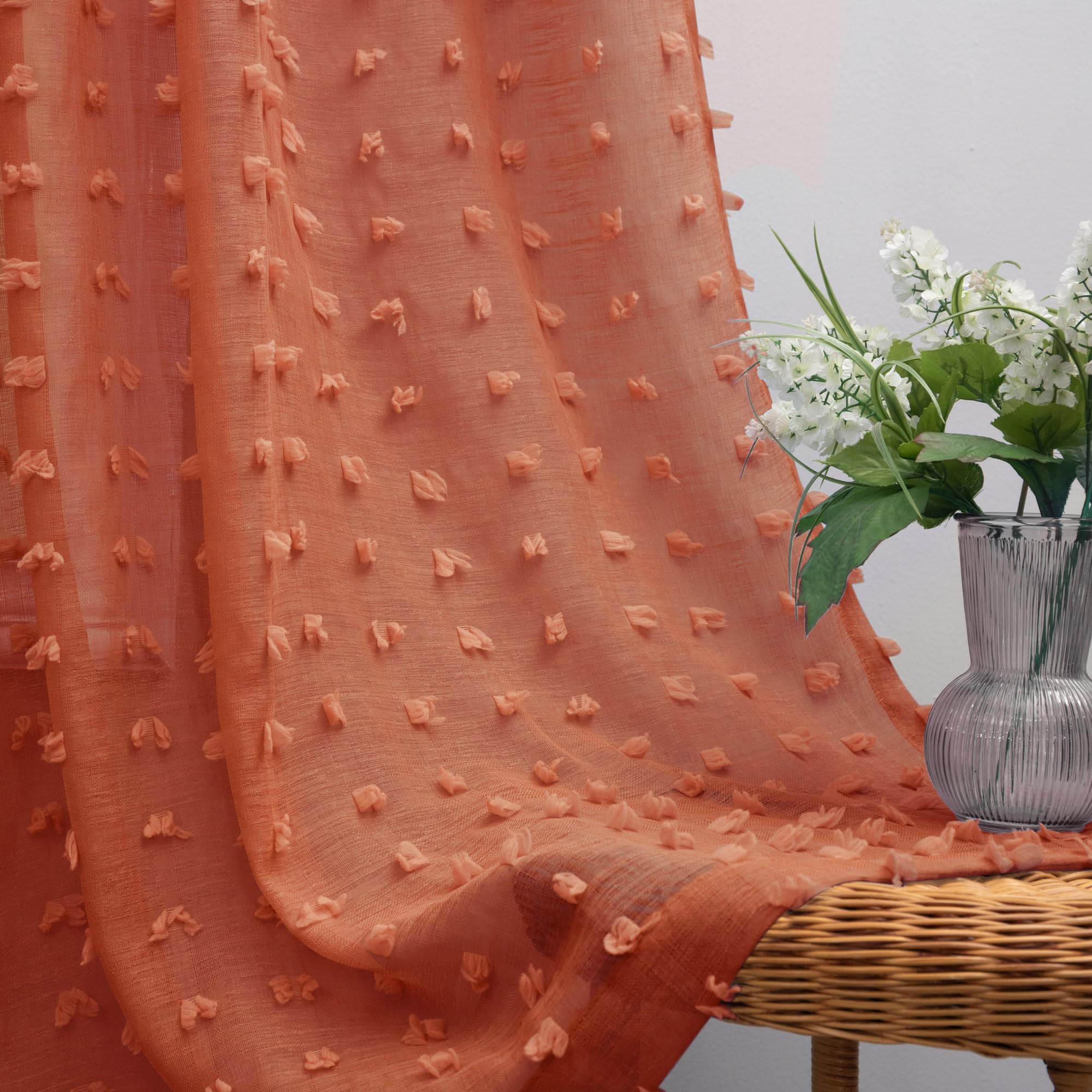 Koufall Rust Back Tab Rod Pocket Pom Pom Sheer Curtains 52X45 Inches Long