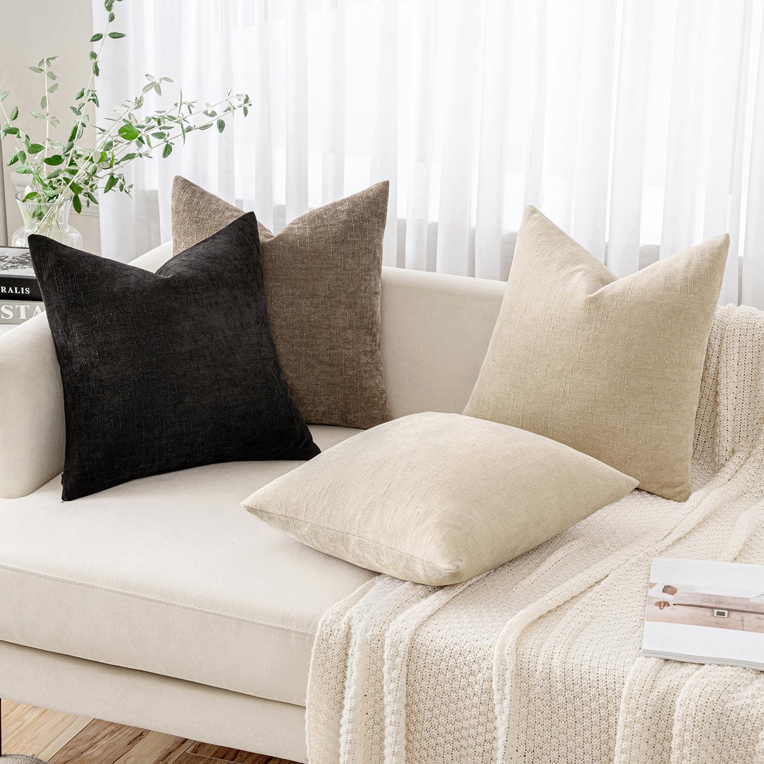 Miulee Pack Of 2 Decorative Throw Pillow Covers Soft Chenille Throw Pillows Solid Textured Euro Cushion Covers For Couch Sofa Bedroom Living Room 24X24 Inch, Black