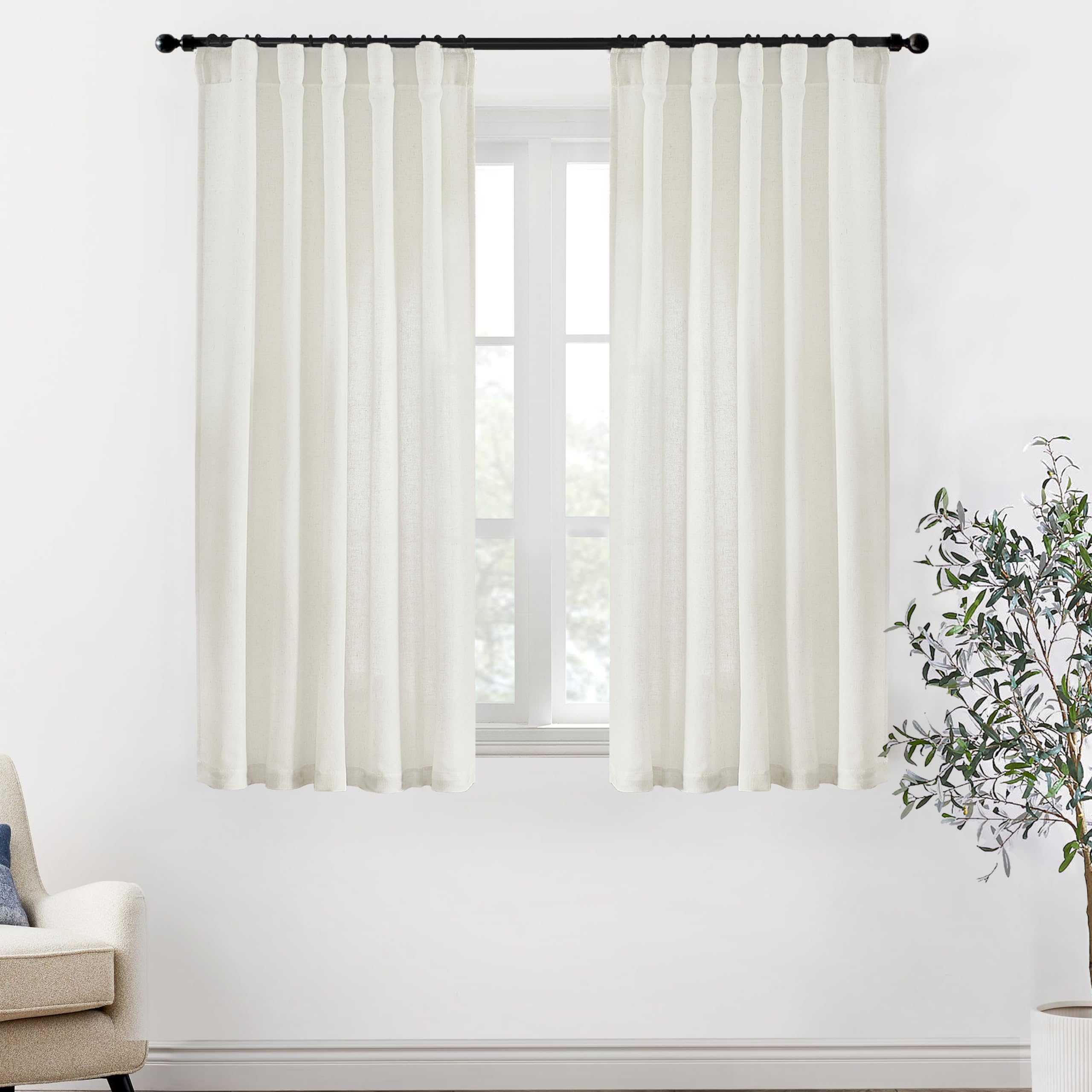 Xtmyi 54 Inch Length Sheer Curtains 2 Panels Set For Bathroom,Linen Cotton Semi Privacy Boho Short Curtains For Kitchen Window B