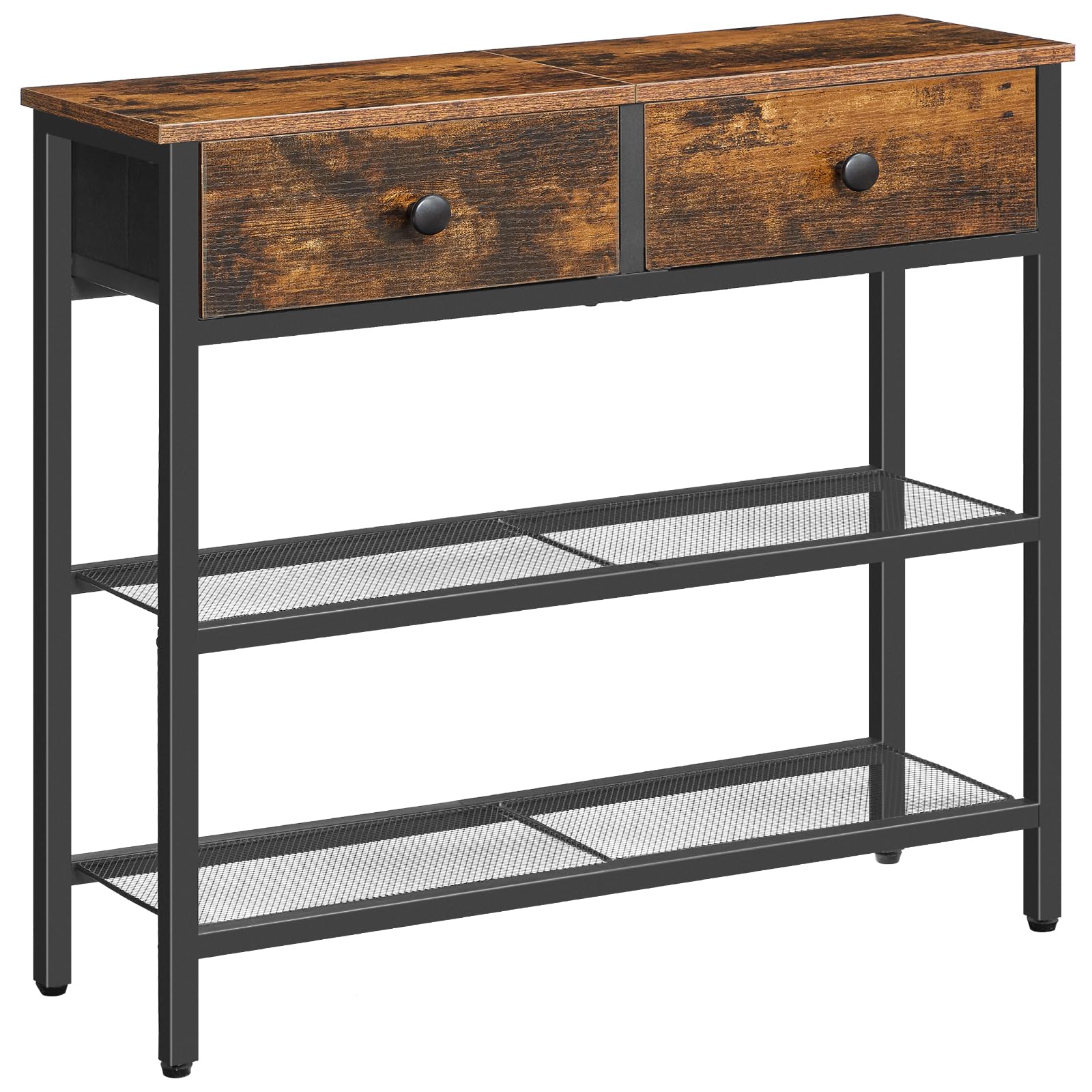 HOOBRO 29.5 Narrow Console Table with 2 Fabric Drawers, Small Entryway Table with 3-Tier Storage Shelves, Thin Sofa Table, Side 