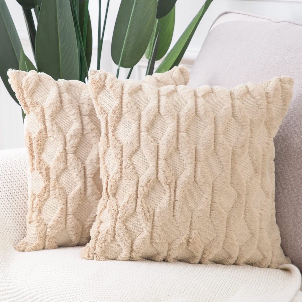 Madizz Set Of 2 Soft Plush Short Wool Velvet Decorative Throw Pillow Covers 20X20 Inch Khaki Square Luxury Style Cushion Cases P
