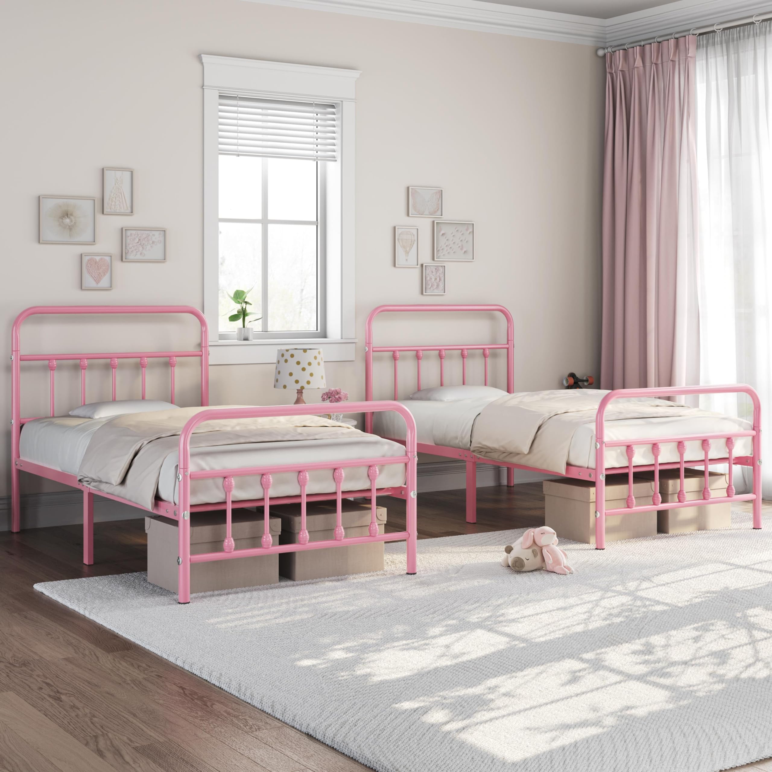 Yaheetech Classic Metal Platform Bed Frame Mattress Foundation With Victorian Style Iron-Art Headboard/Footboard/Under Bed Storage/No Box Spring Needed/Twin Size Pink