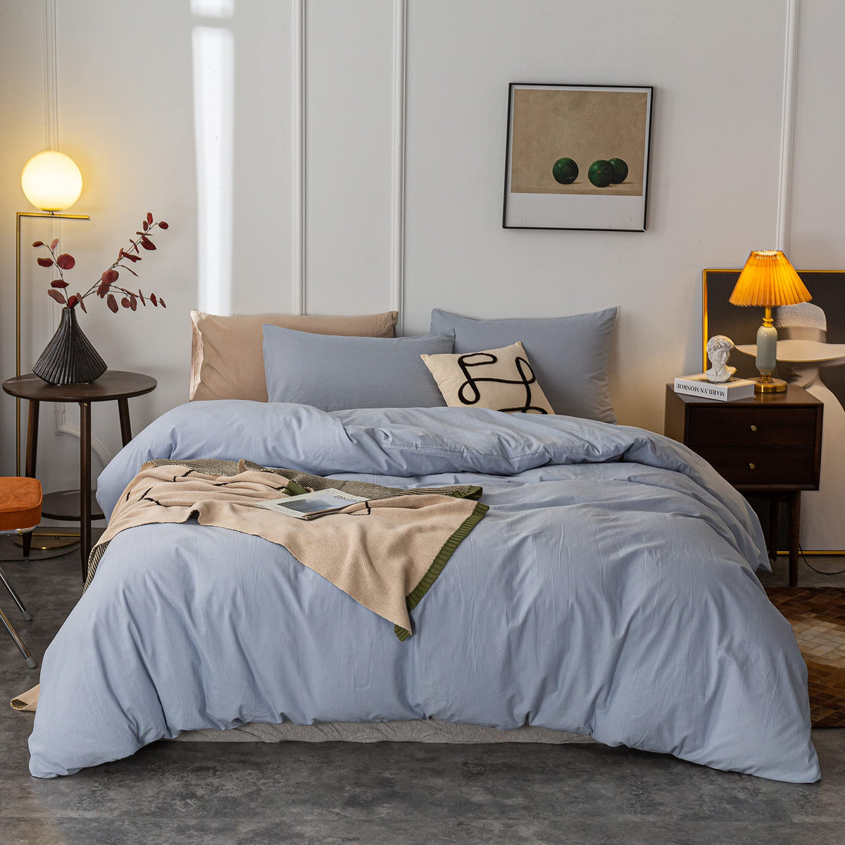 Janlive Washed Cotton Duvet Cover Full Ultra Soft 100% Cotton Solid Color Light Blue Duvet Cover Set With Zipper Closure -3 Piec