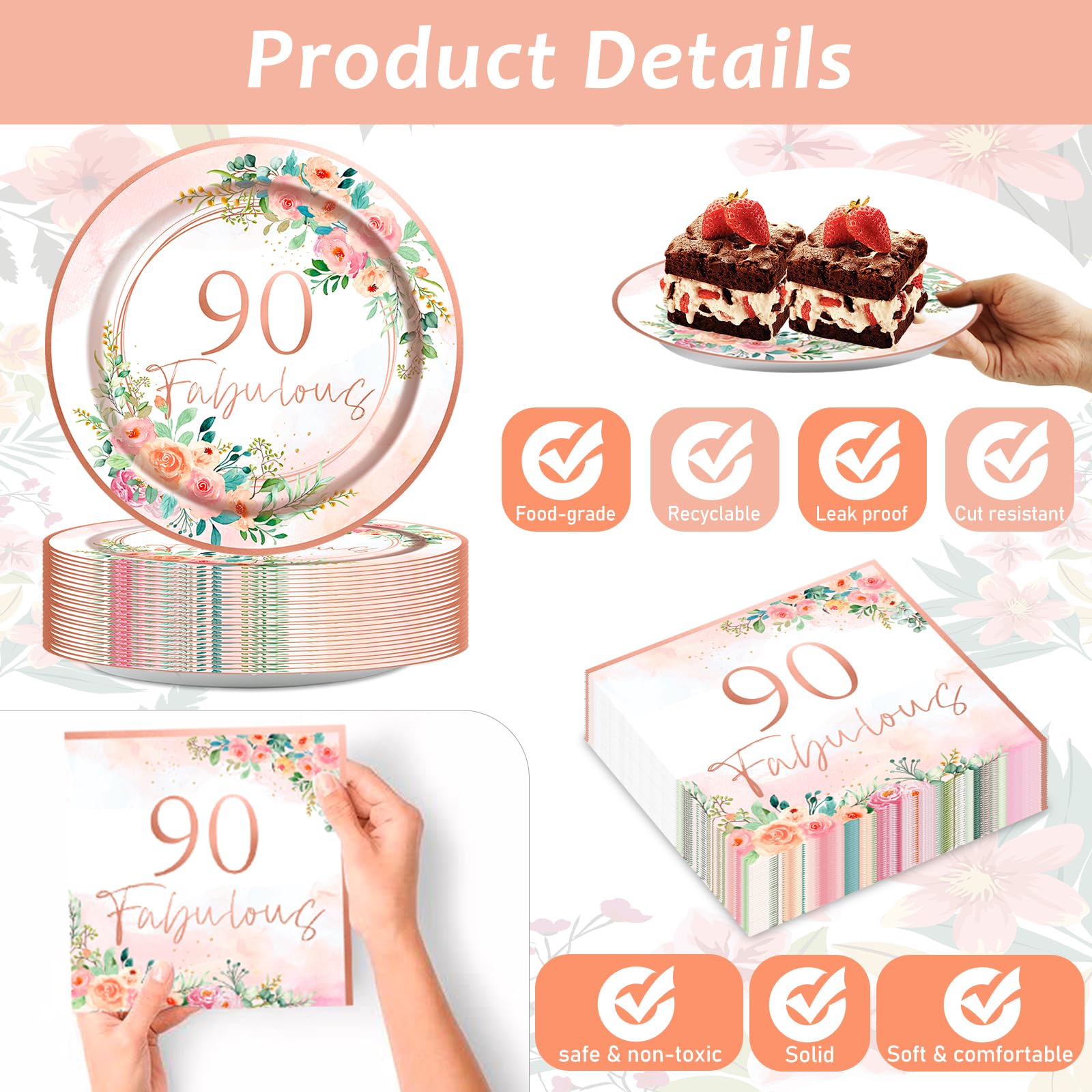 gisgfim Rose Gold 90th Birthday Party Tableware Set - 50 Guests, 200PCS Floral Paper Plates & Napkins, Fabulous Party Decorations