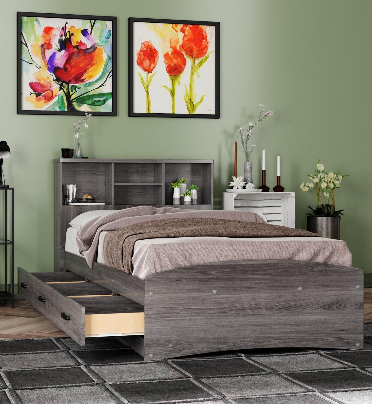 Captain Paltform Bed with 3 Drawers and Bookcase Headboard (Grey, Twin)