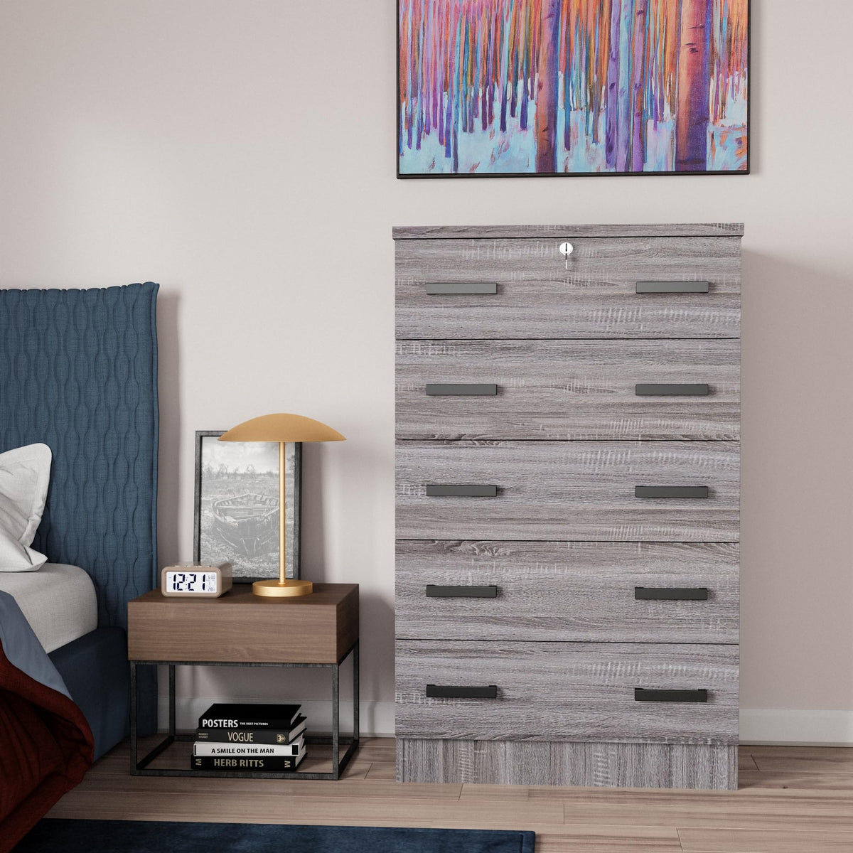 Better Home Products 5 Drawer Chest-Dresser With Lock (Grey)