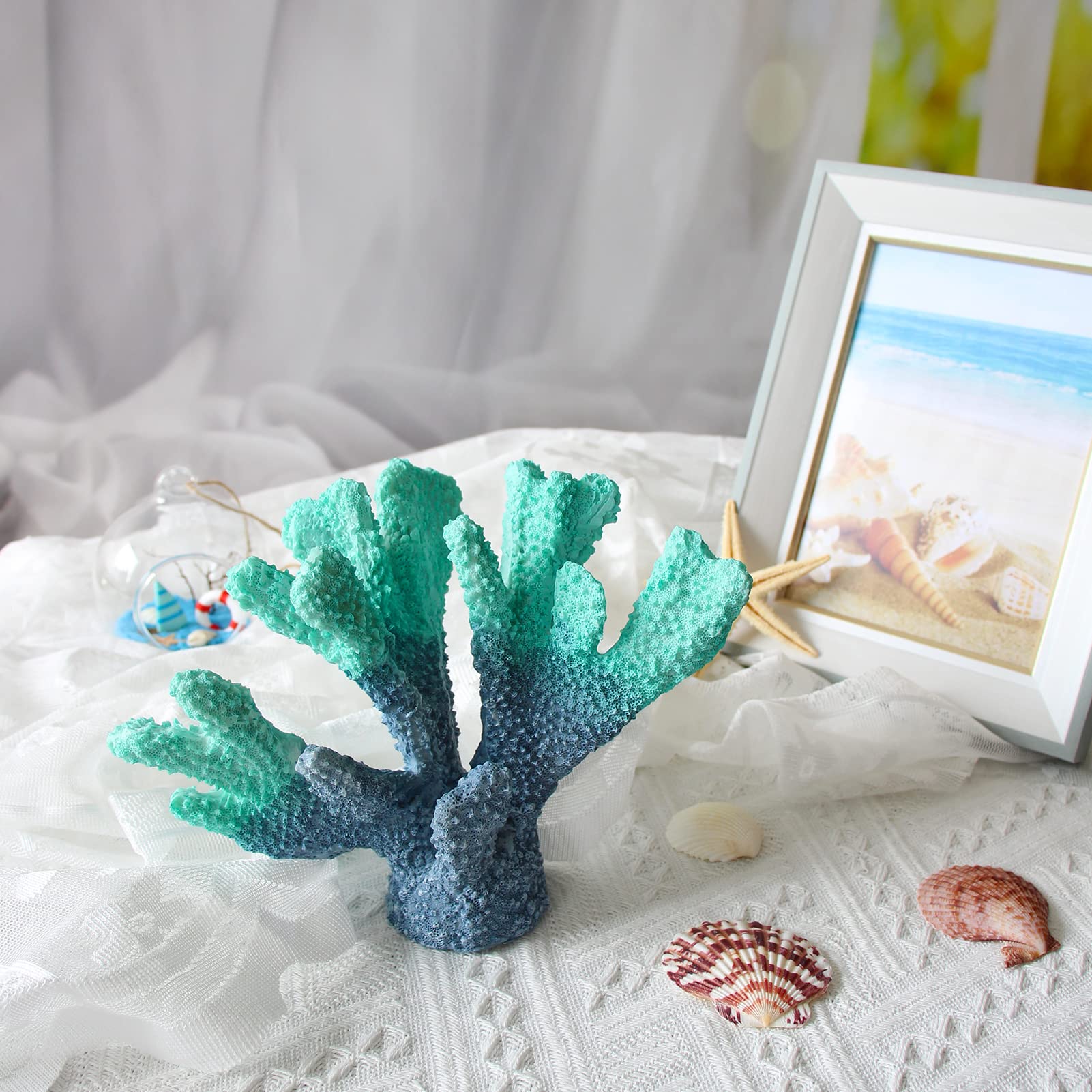 Afadorable Resin Coastal Coral Home Decor, Faux Blue Coral Reef Nautical Beach Decorations, Beach Theme Living Room Bedroom Cabi
