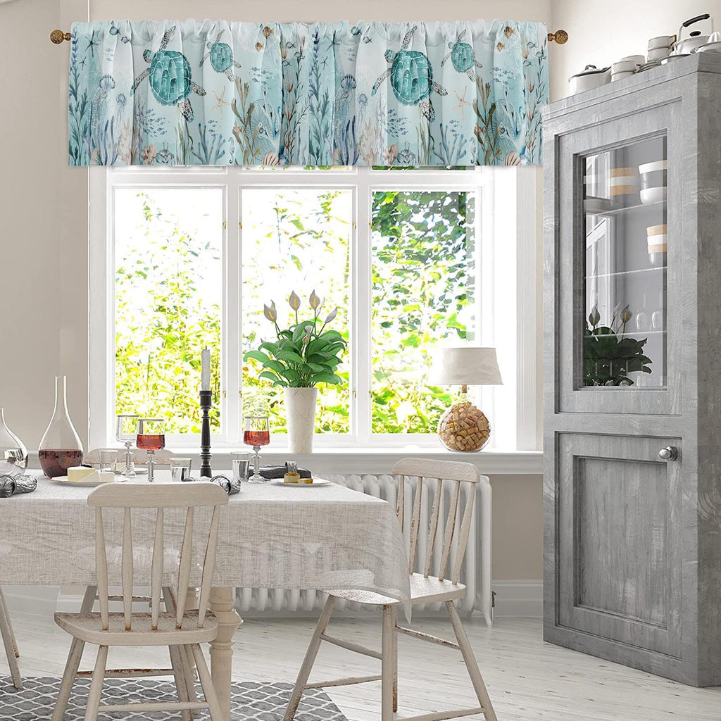 Emvency 2 Pack Valances Window Treatments,Summer Ocean Turtle Sea Teal Starfis Blackout Drapes Adjustable Curtain Valances For W
